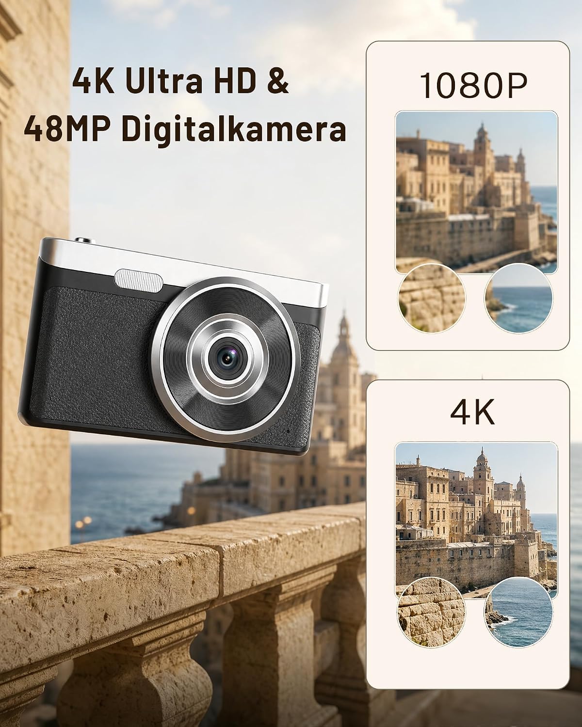 Detalle de Digitalkamera 4K 48MP Fotokamera mit 2,8 Zoll Display – idealer Begleiter für Teens und Anfänger