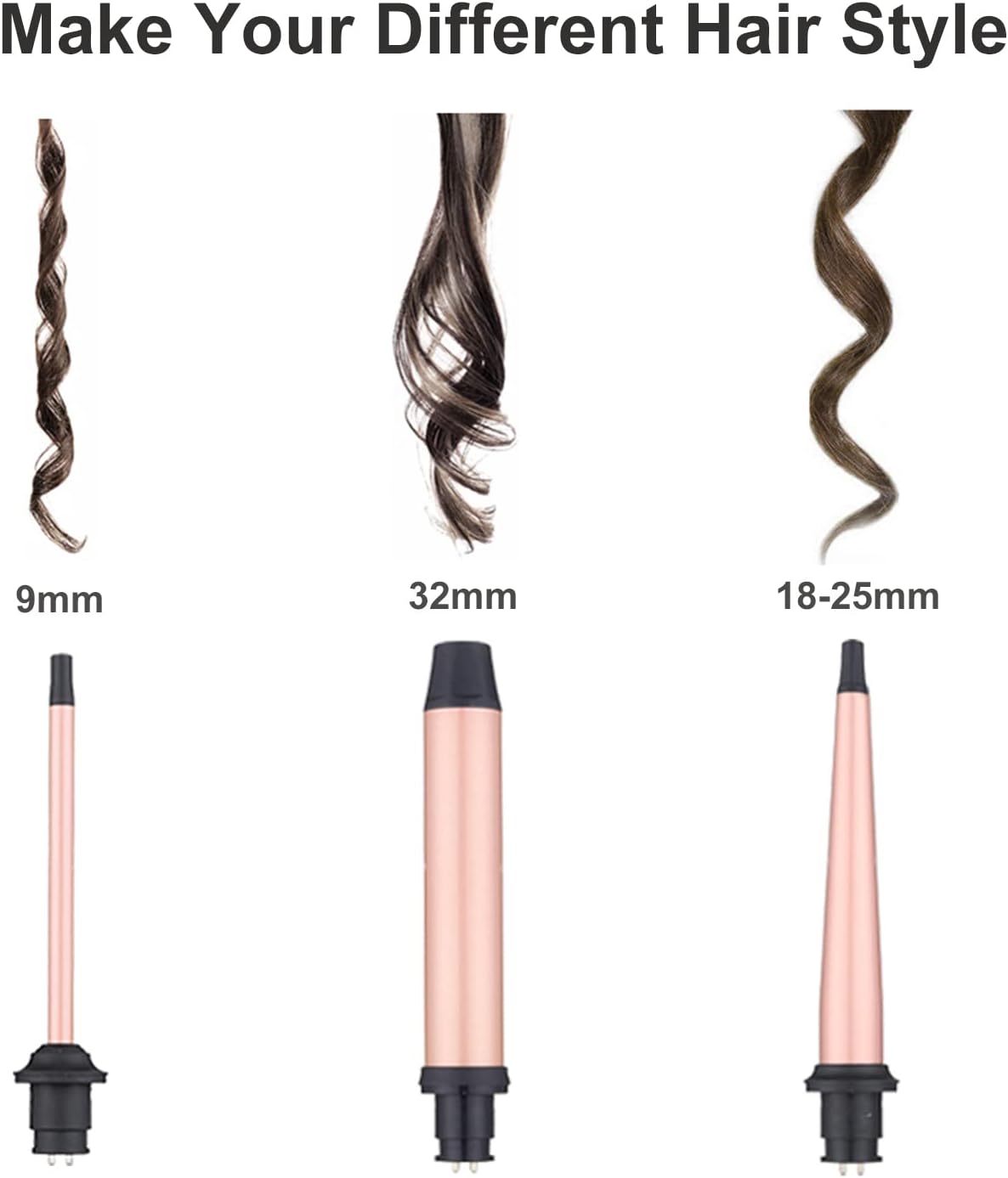 Detalle 2 de 3 in 1 Curling Wand & Tongs Iron Set with Interchangeable Ceramic Barrels (9–32mm) for Long & Thick Hair