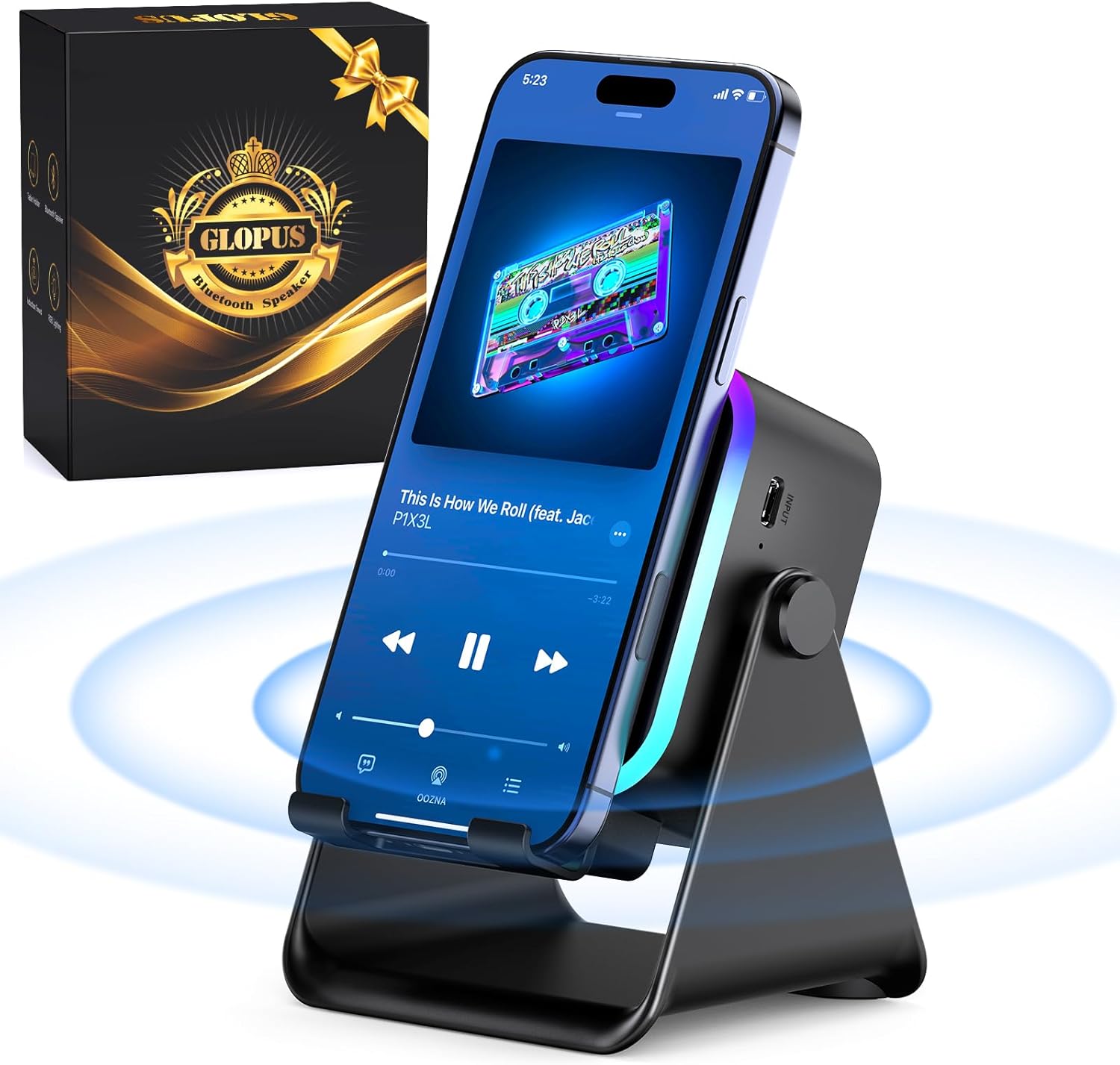 Detalle de GLOPUS 1 5-in-1 Cell Phone Stand Speaker with Bluetooth and 8 RGB Modes