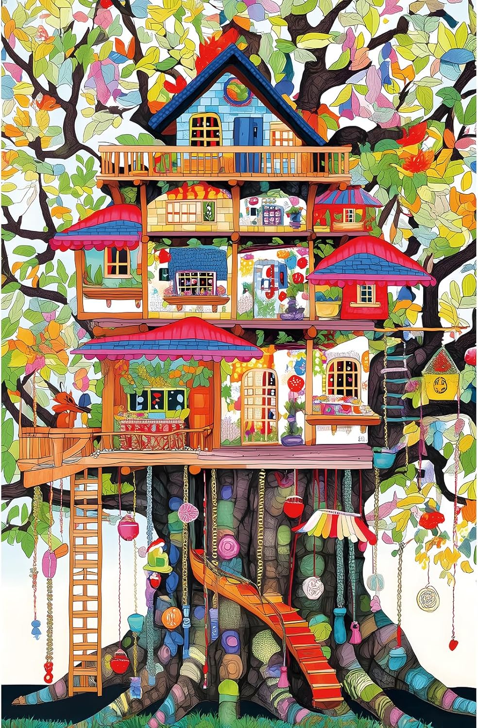 Detalle de Whimsical Treehouse Escape 500-Piece Jigsaw Puzzle (15x23 in) — Colorful Fantasy Nature Art for Adults