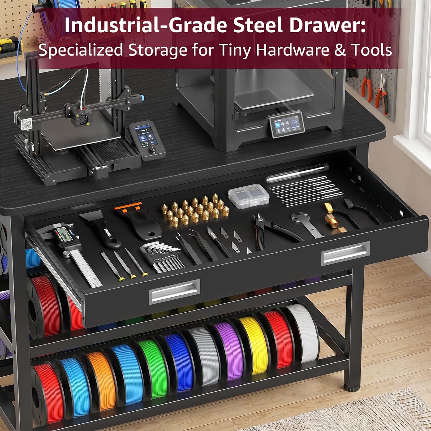 Detalle de Enoxen HDTYB01 3D Printer Stand, 3-Tier Metal Table with Filament Storage