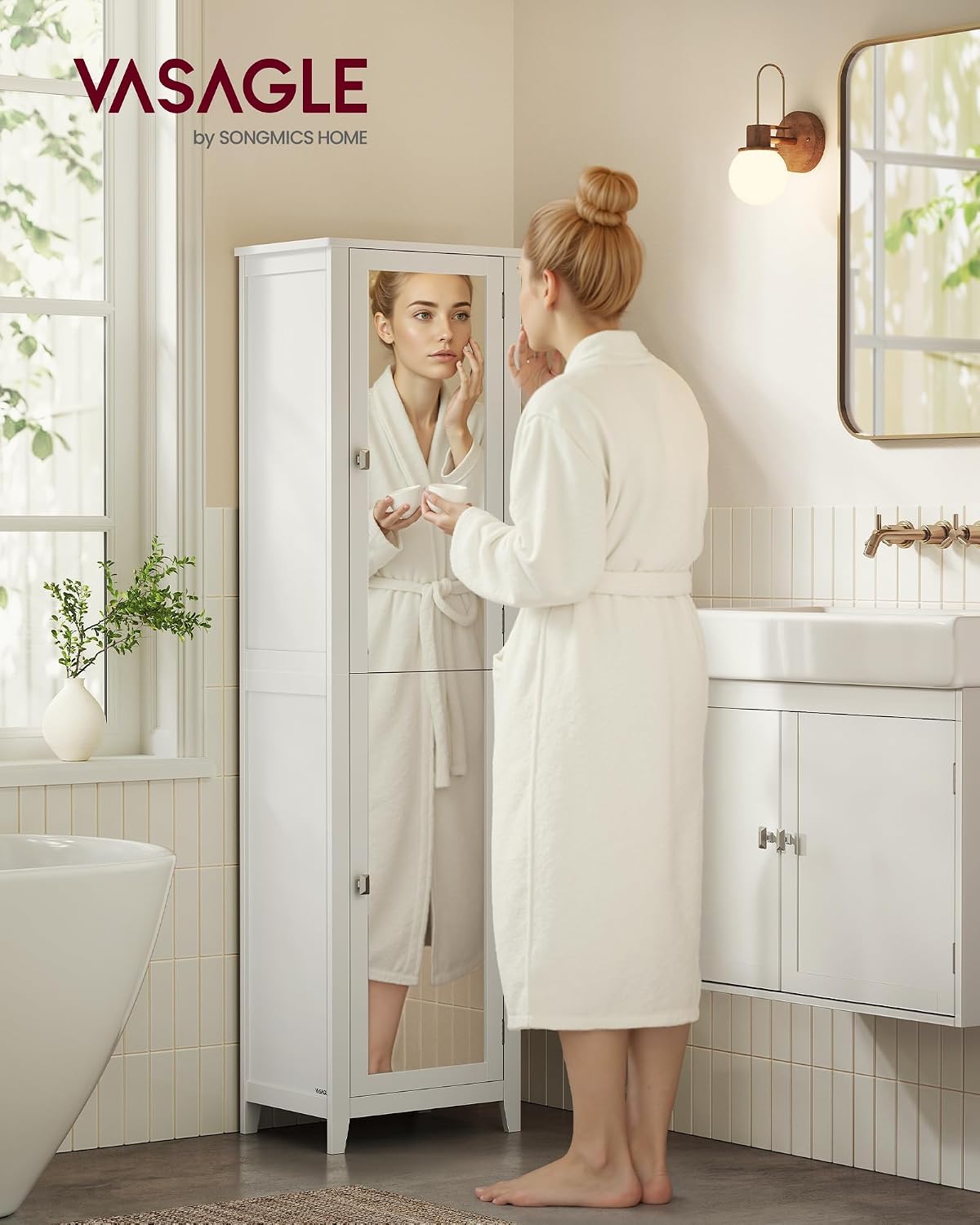 Detalle 2 de VASAGLE Armoire Salle de Bain Haut avec Miroir Blanc Nuage BBC764WH01