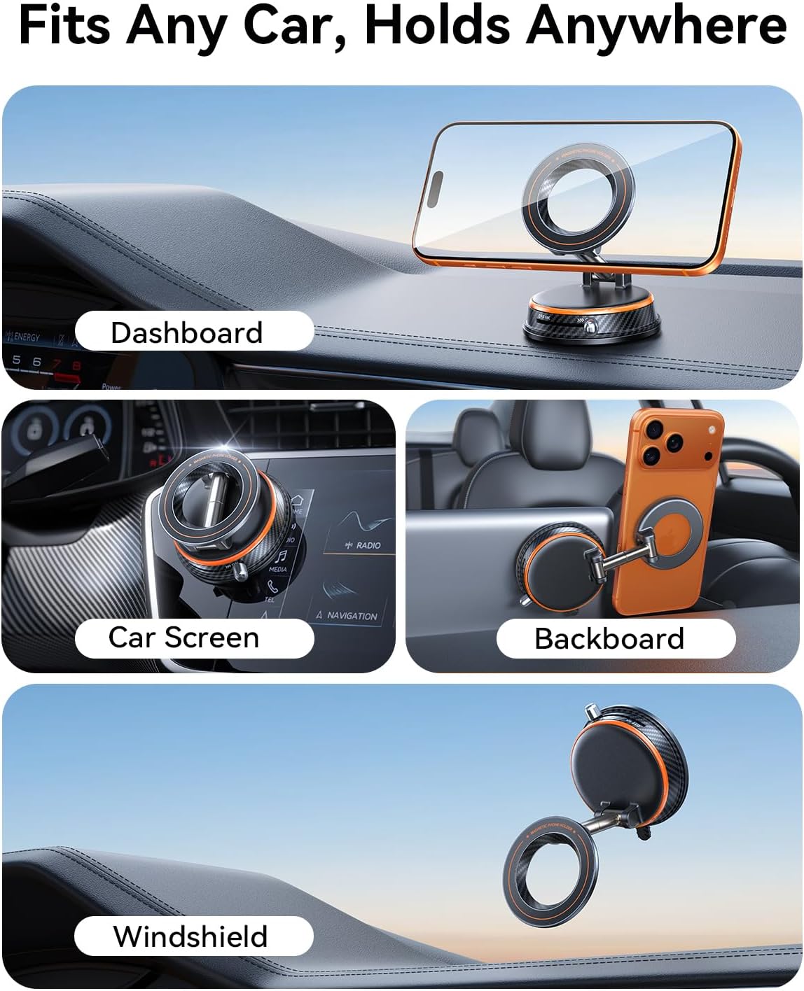 Detalle 2 de Peerock Upgraded MagSafe Car Phone Holder (108+ lb suction, 3000gf magnetic) – 360° Adjustable Mount for iPhone & Android (Orange)