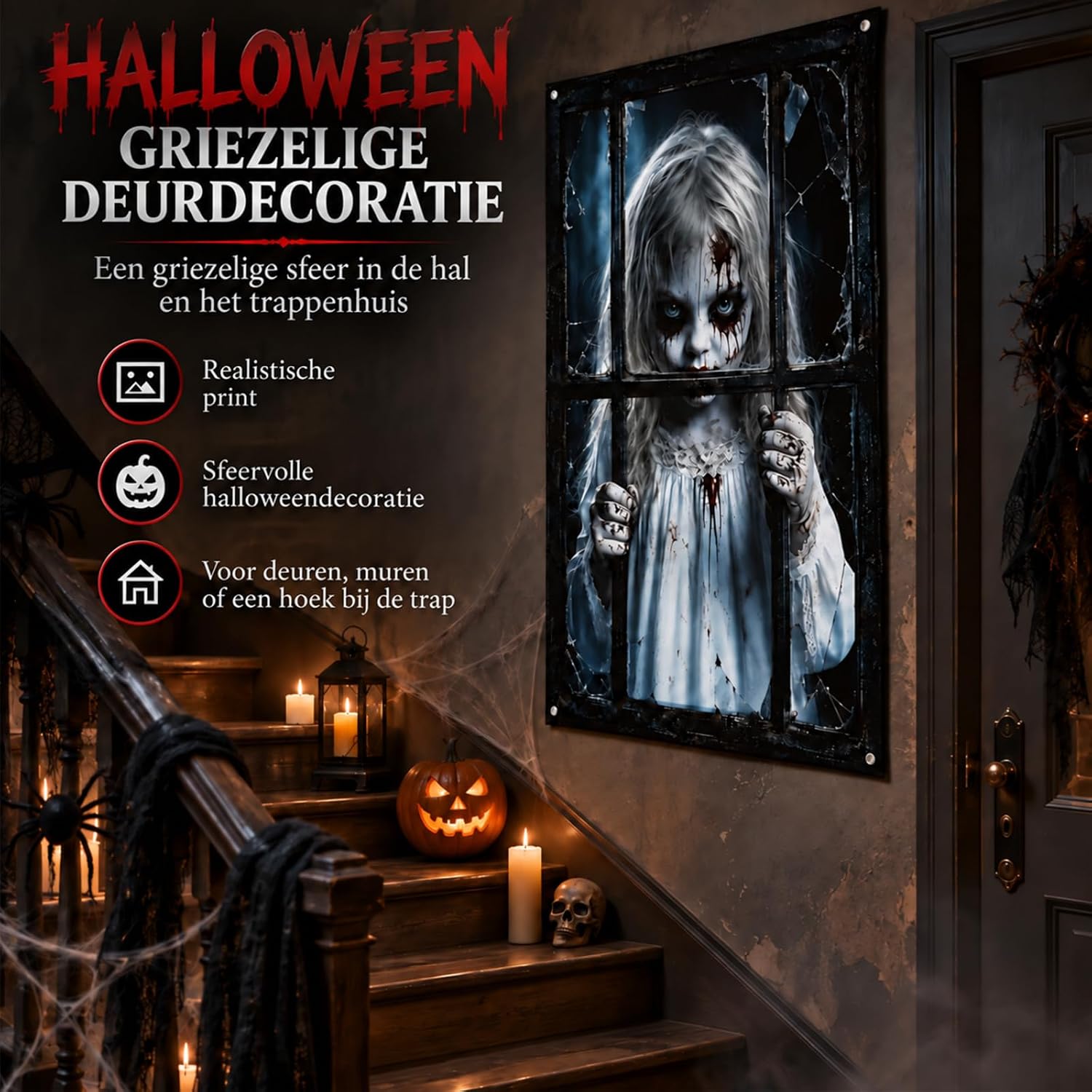 Detalle de Kaiyingxin 072901 Halloween-decoratiedoek 80 x 120 cm met horrormeisje