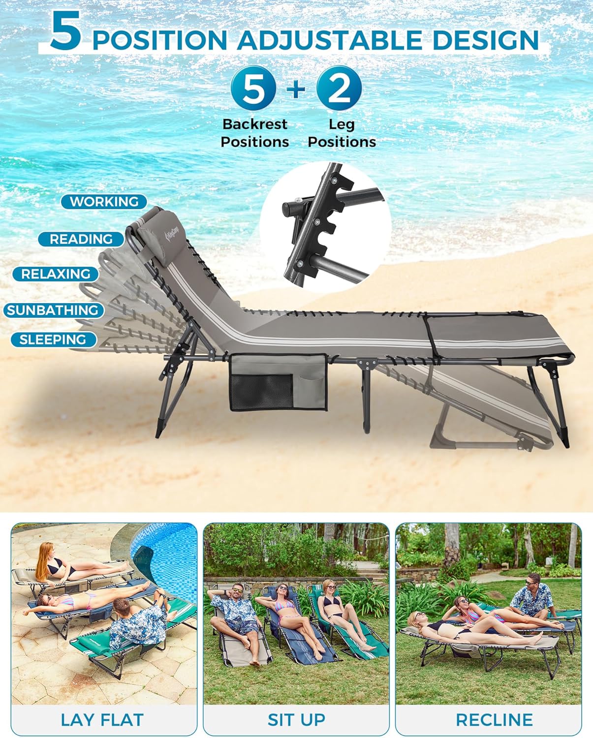 Detalle 2 de KingCamp Sun Lounger with Face Hole (up to 180 kg) – 5-position folding tanning chair for garden and beach