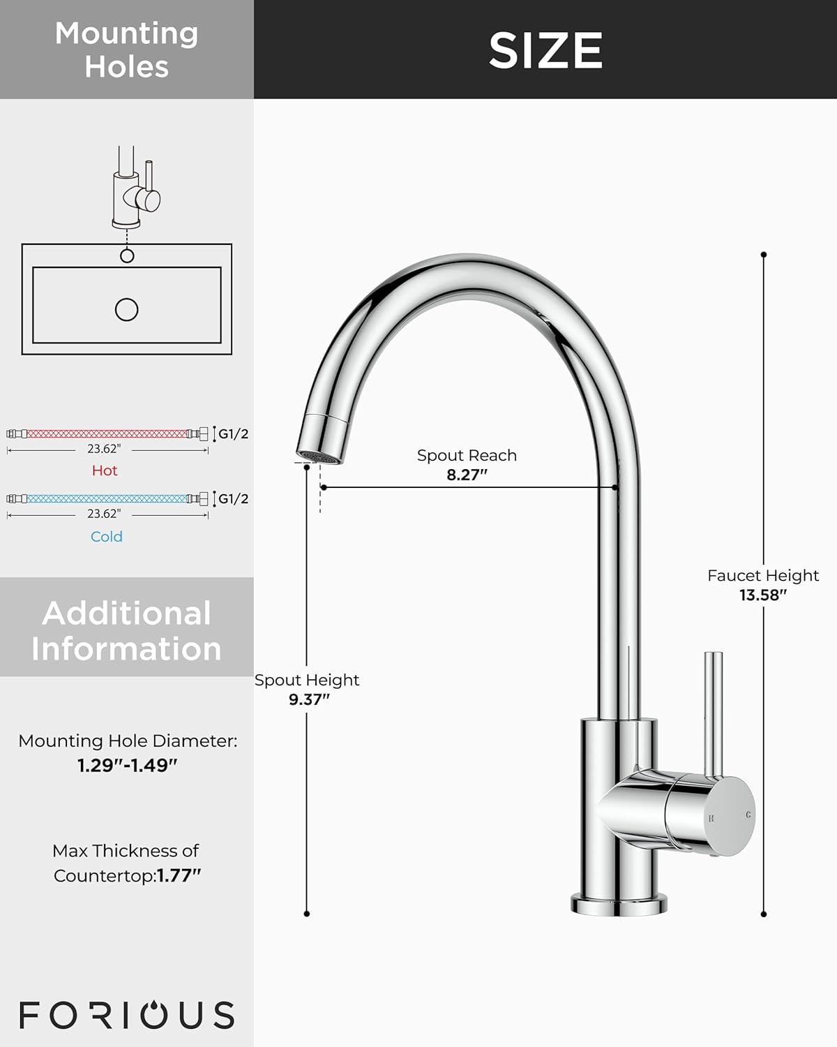 Thumbnail 2 de FORIOUS Kitchen Tap: 3‑Way 360° Swivel High Arc with Pull‑Out Spray