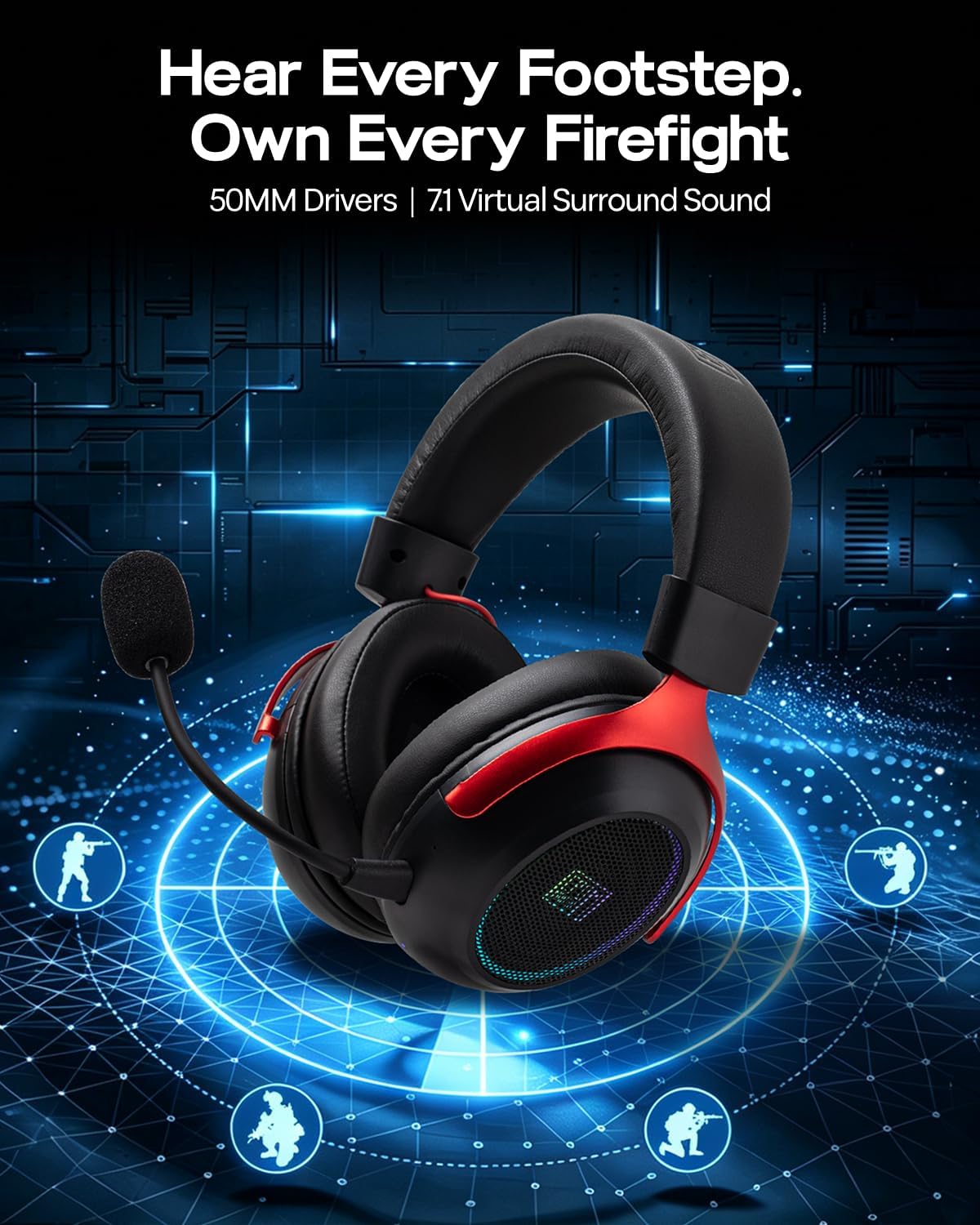 Detalle de EPOMAKER GX1 Wireless Gaming Headset, 7.1 Surround, 50mm Drivers, RGB