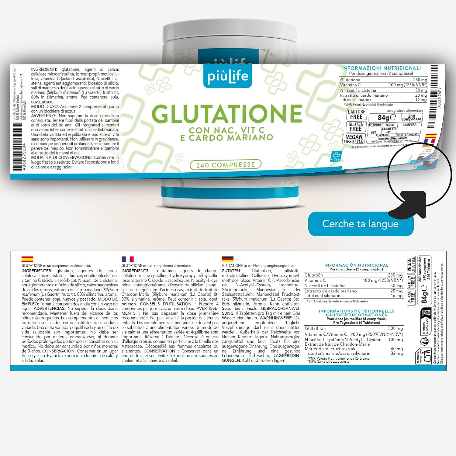 Thumbnail 6 de Glutathion Réduit 500 mg PiùLife (480 comprimés) avec vitamine C, NAC et chardon-marie