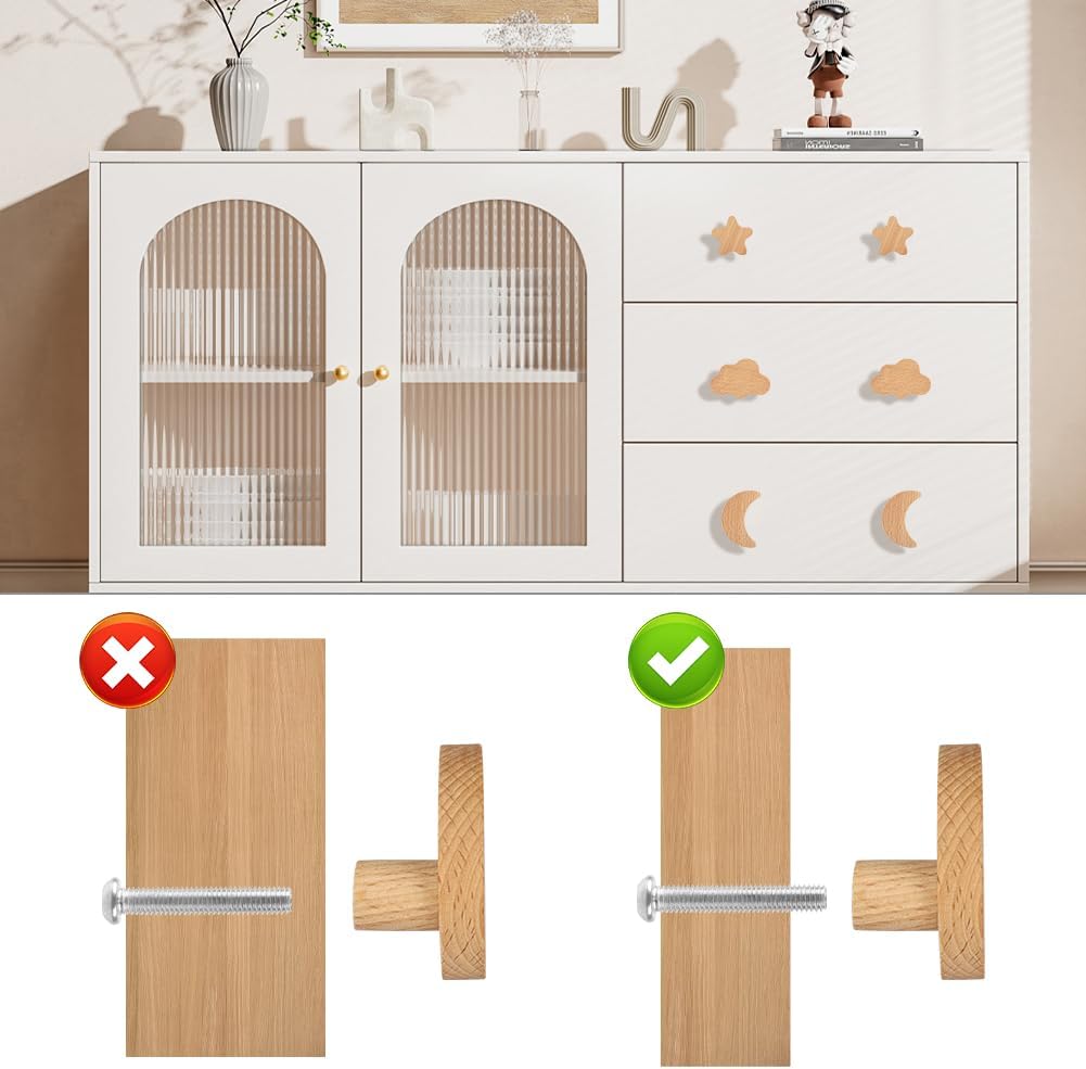 Detalle 2 de Aolso houten meubelknoppen, set van 6 met sterren, maan en wolken