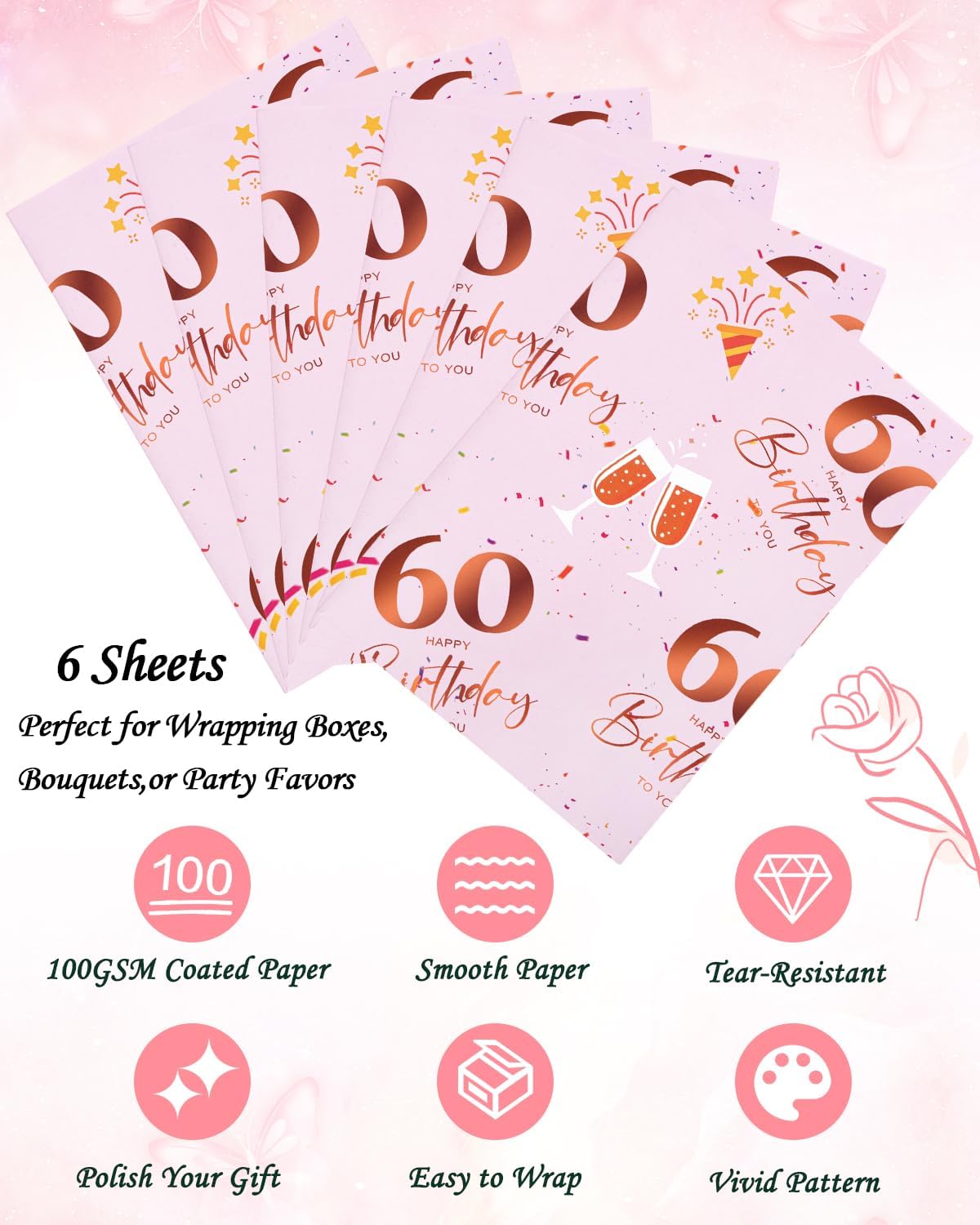 Thumbnail 1 de Vinuwu 6 Sheets 60th Birthday Wrapping Paper – Rose Gold Pink 70x50cm, Plastic Free & Recyclable