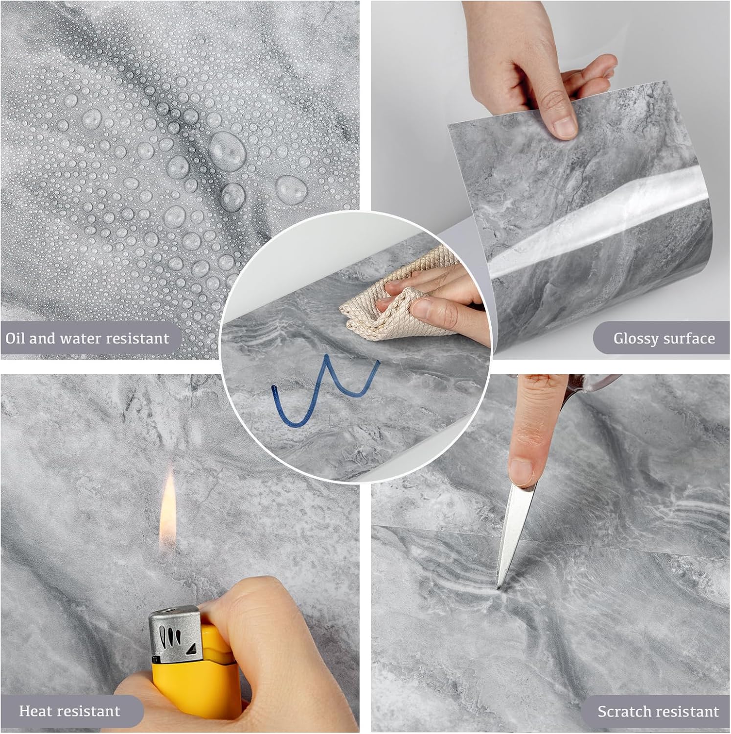 Detalle de Abyssaly Credence Adhesive pour Cuisine Marbre Gris — Carreaux Muraux Autocollants 24Pièces 15x30 cm