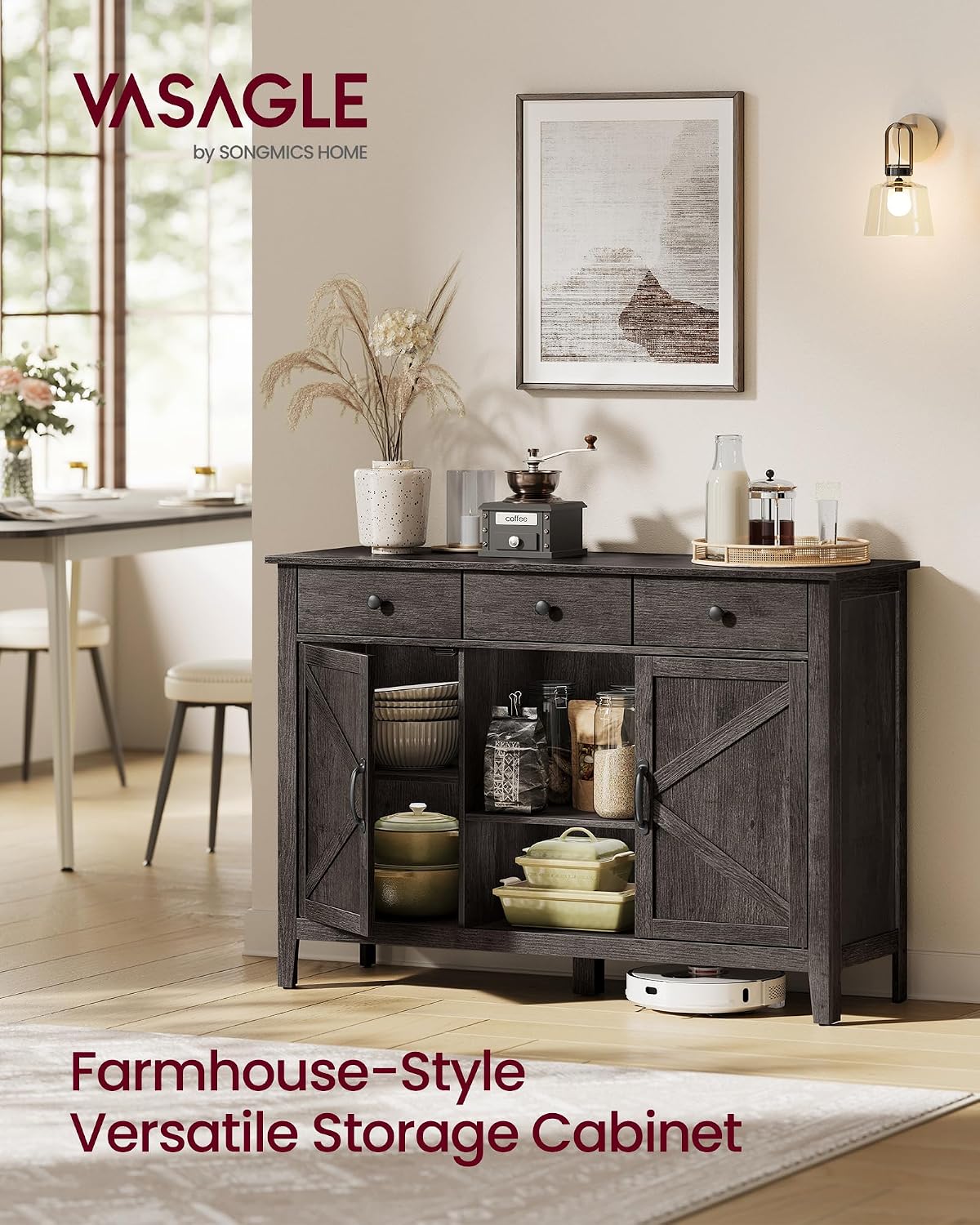 Detalle de VASAGLE Buffet Cabinet, Antique Charcoal