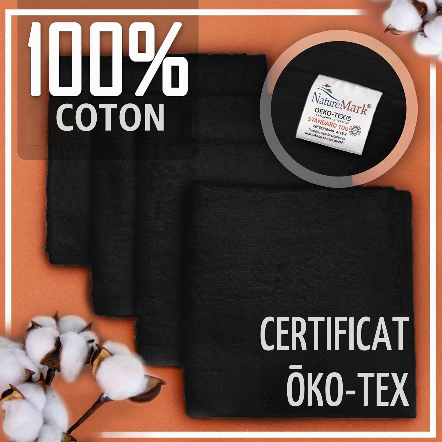 Detalle 1 de NatureMark NM-TWL-500-BK-33 washandjes, 10 stuks, zwart katoen 30 x 30 cm