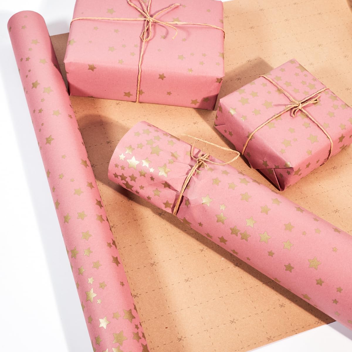 Thumbnail 3 de Birthday wrapping paper roll (43cm x 10m) pink kraft with gold stars