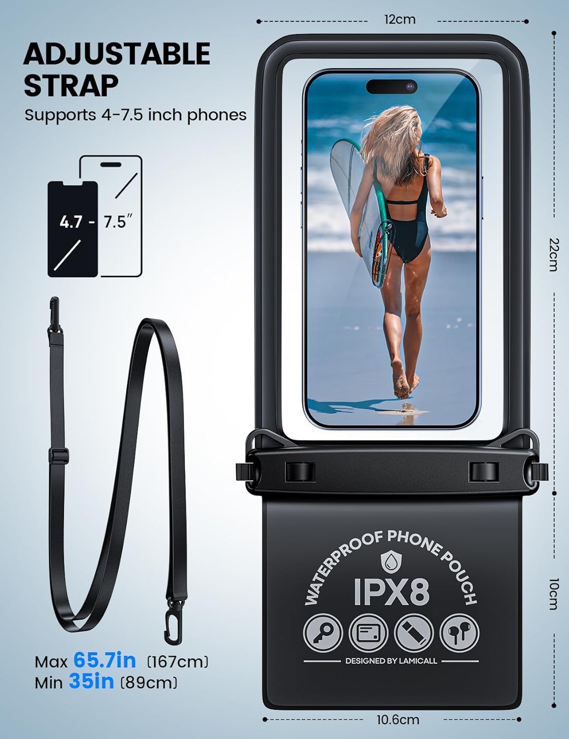 Thumbnail 5 de Lamicall Custodia impermeabile Smartphone con Design a Doppia Borsa per iPhone fino a 7,5 pollici