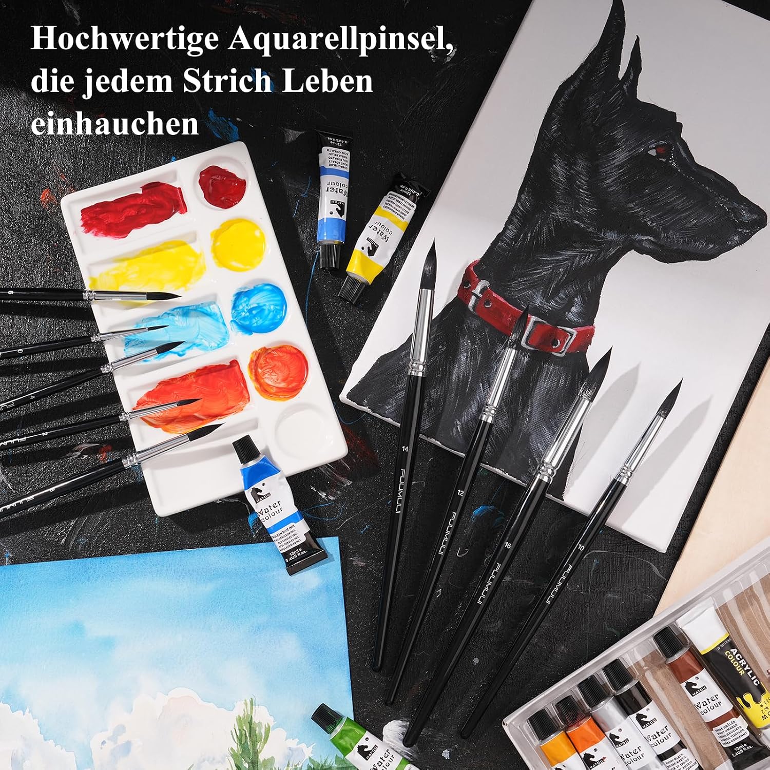 Thumbnail 6 de Aquarellpinsel-Set (9-teilig) mit synthetischem Eichhörnchenhaar – Rundpinsel für Aquarell & Tempera