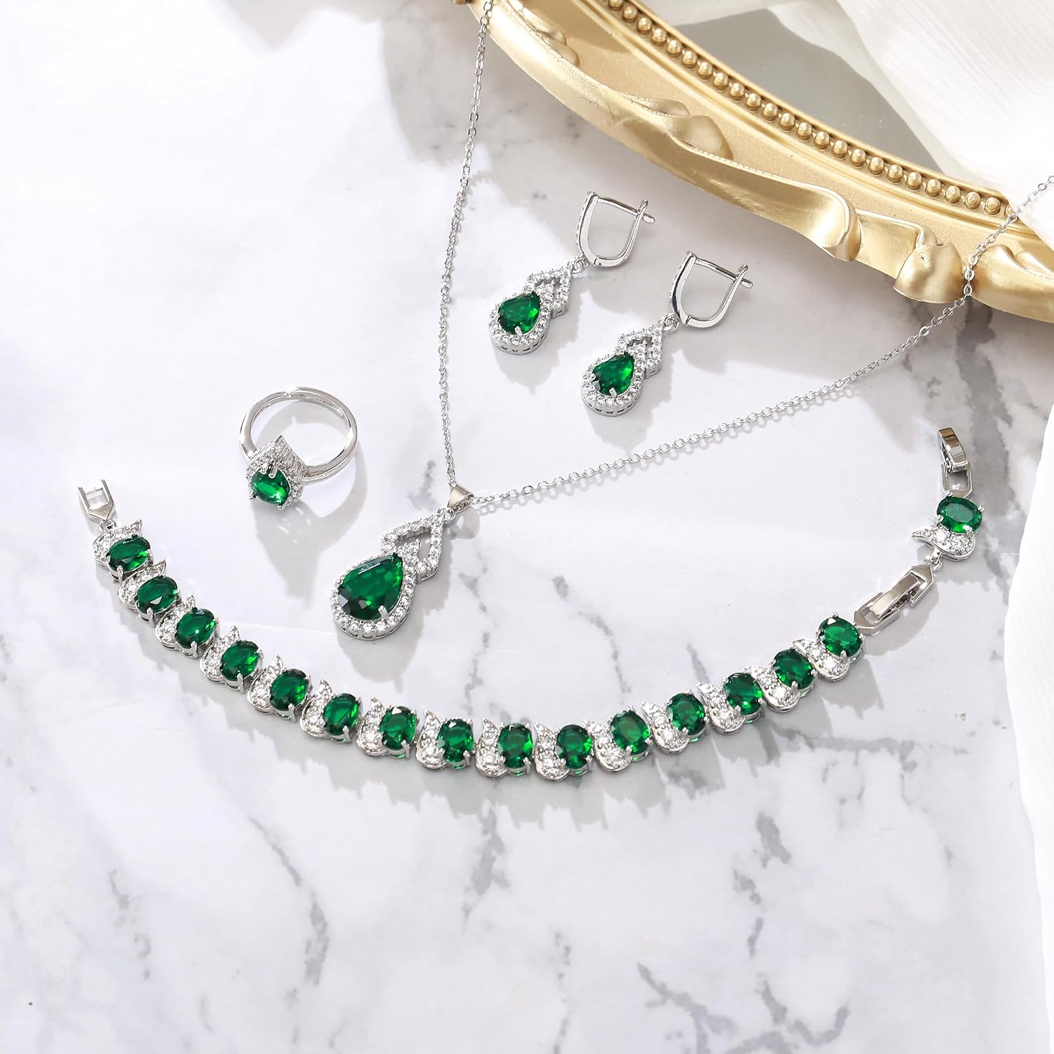 Thumbnail 2 de Parure bijoux de mariage Clearine en argent goutte d’eau, zirconia cubiques (4 pièces) : collier, boucles, bracelet et anneau réglable