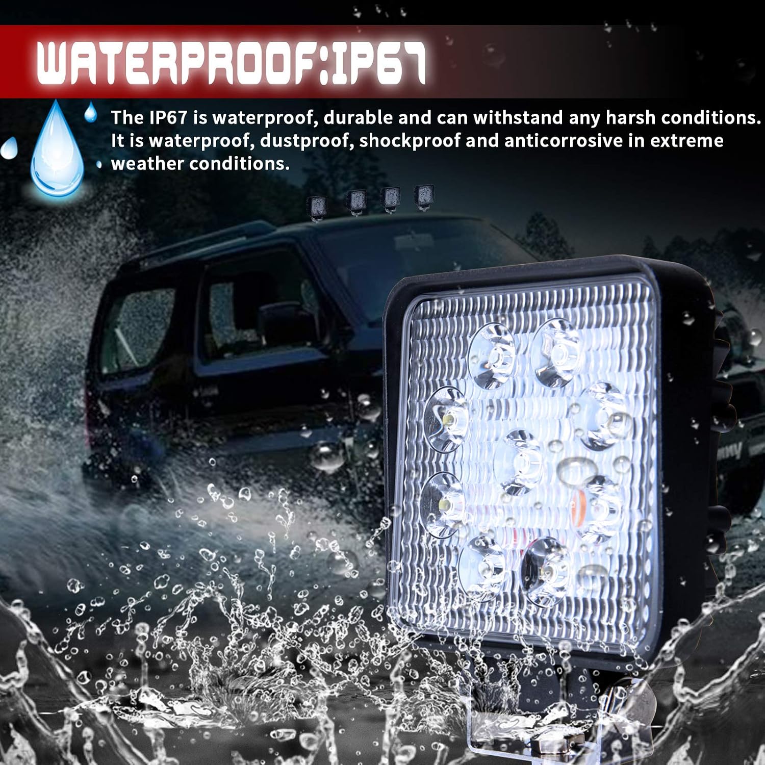 Thumbnail 4 de 27W LED Work Light Square Flood Beam – 12V/24V Off‑Road Driving Lamp (1 Pack)