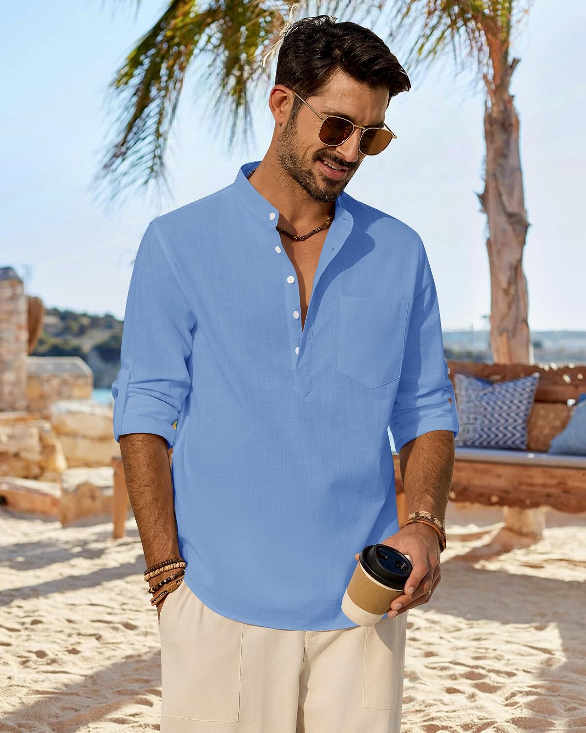 Detalle de J.VER Hemd Herren Baumwolle Leinenhemd Henley Langarm – Regular Fit, atmungsaktiv, mit Brusttasche