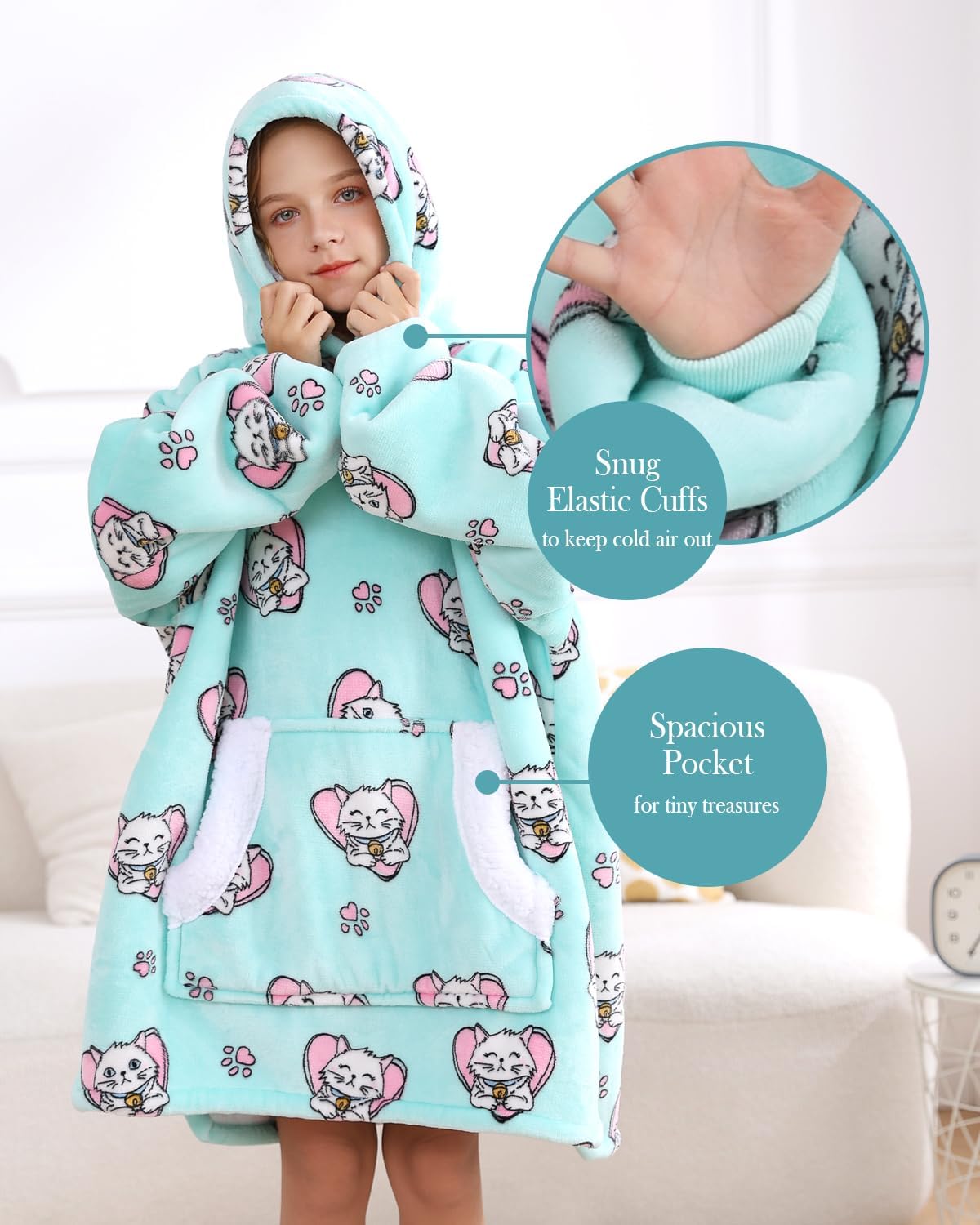 Detalle de Topblan kids blanket Wearable Hoodie Blanket for Kids, Flannel & Sherpa