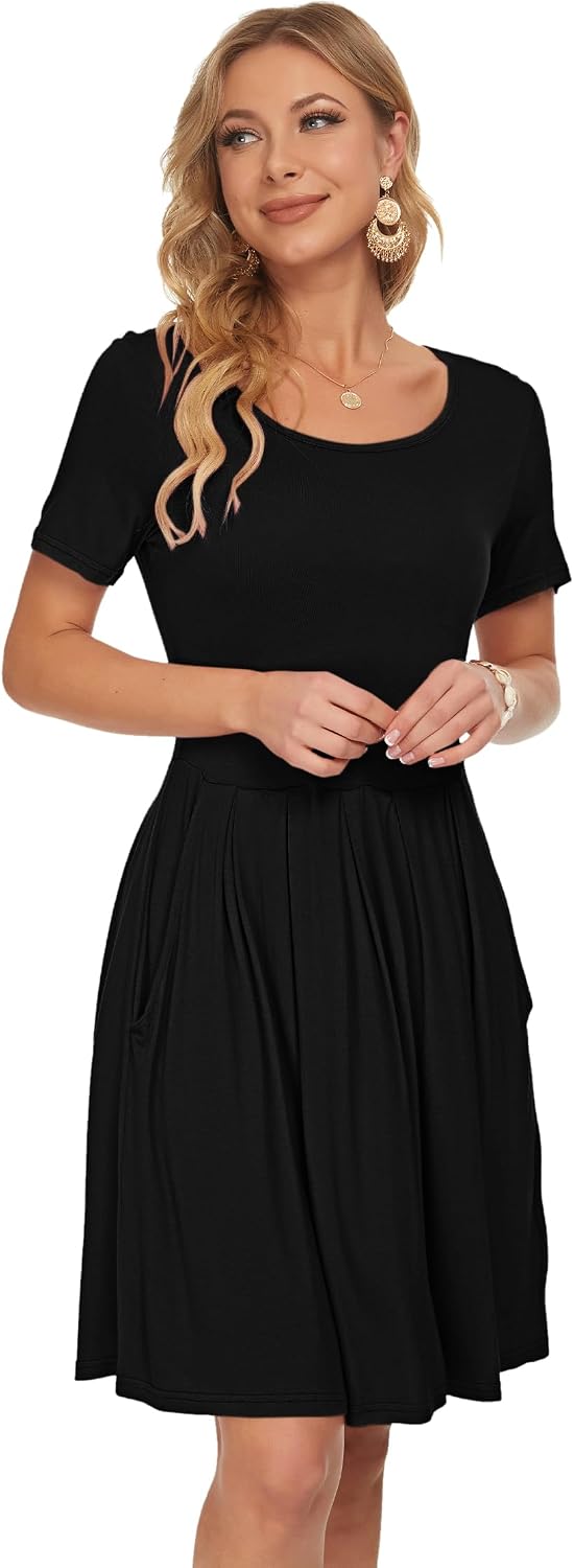 Detalle de AUSELILY Damen Kurzarm Plissee Loose Swing Freizeitkleid mit knielangen Taschen – entspannt elegant für Alltag und Events