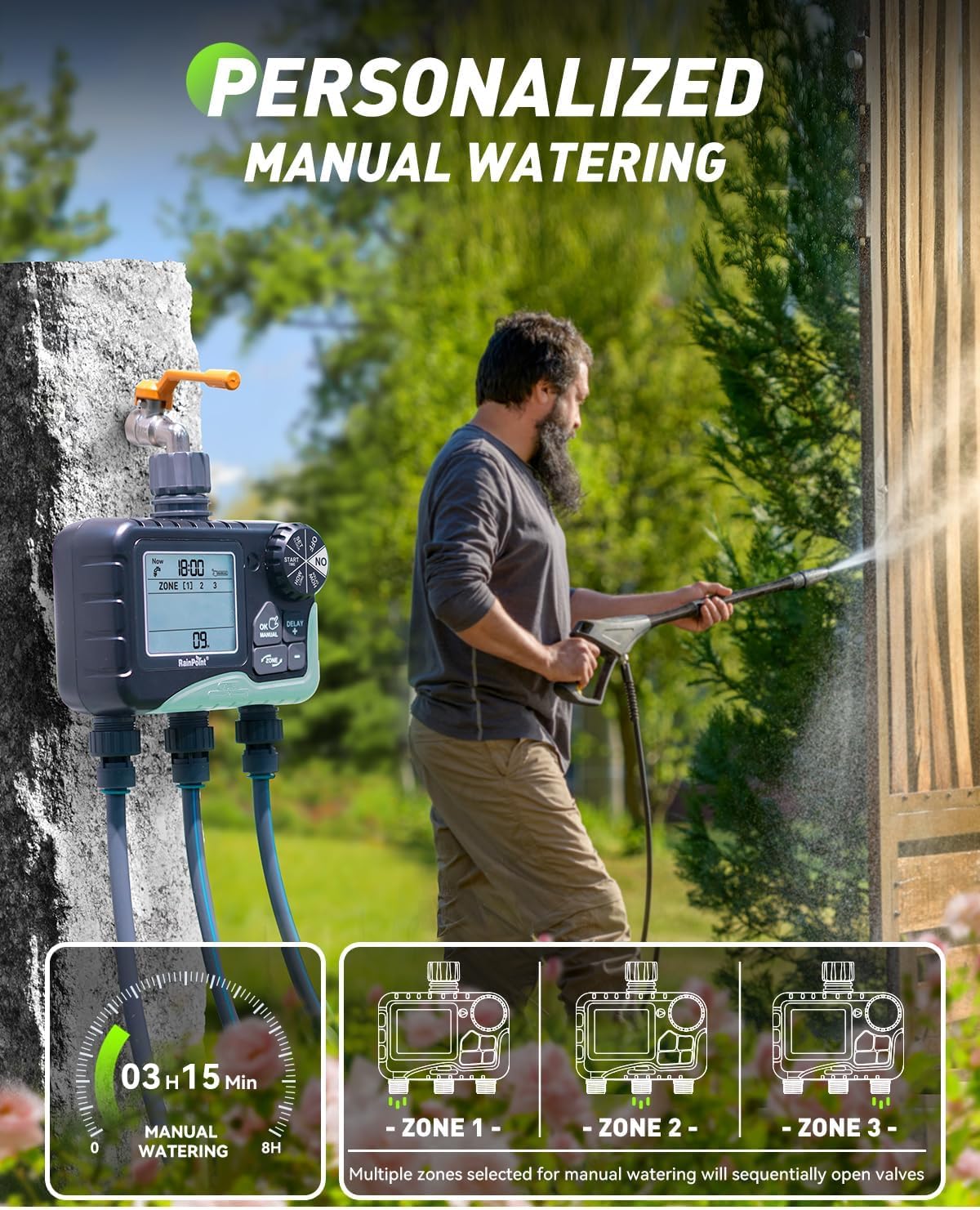 Detalle de RAINPOINT Programador de riego con 3 salidas y pantalla LCD grande (temporizador automático con retardo por lluvia)