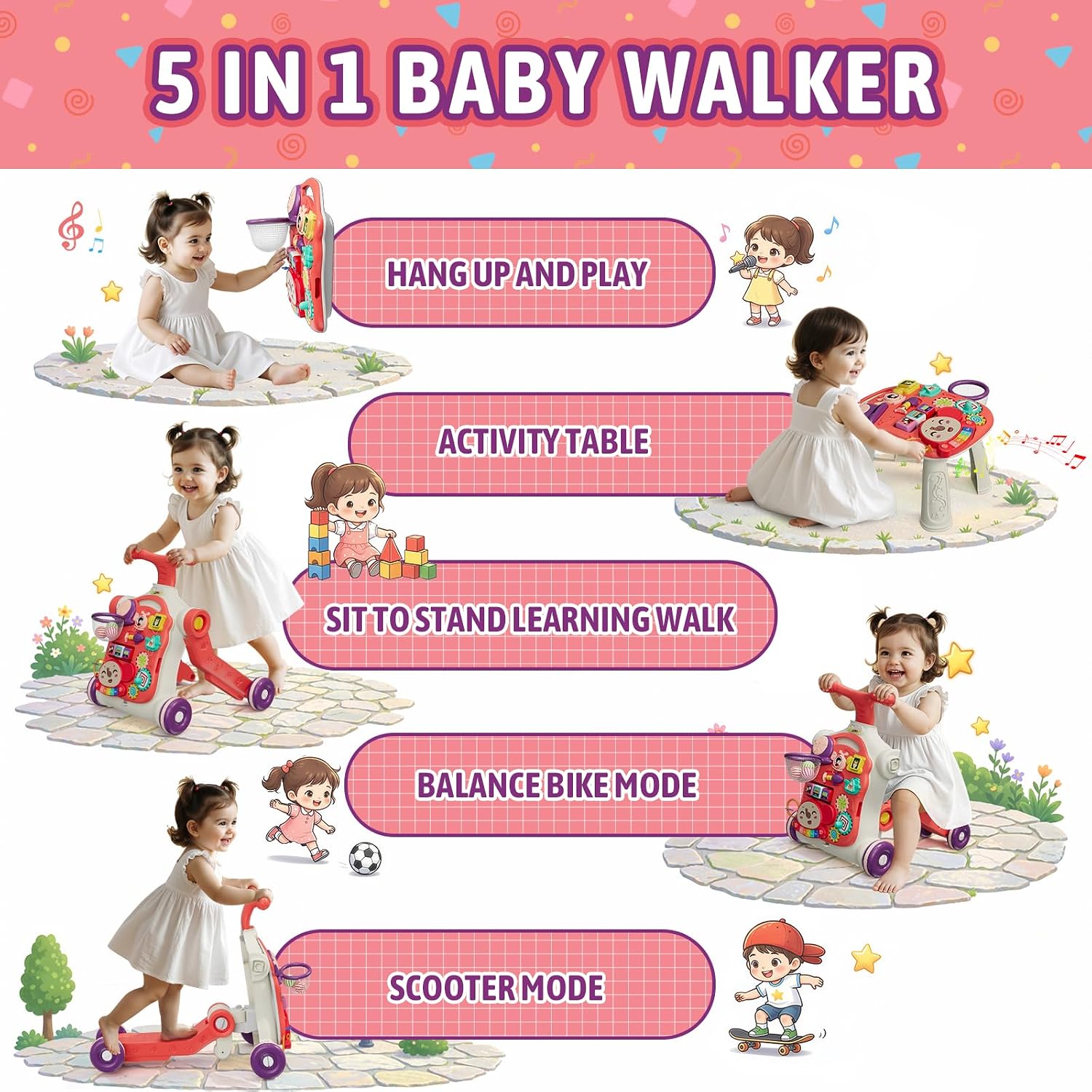 Detalle 2 de HYES N6034 5-in-1 Toddler Walker and Activity Center, Red