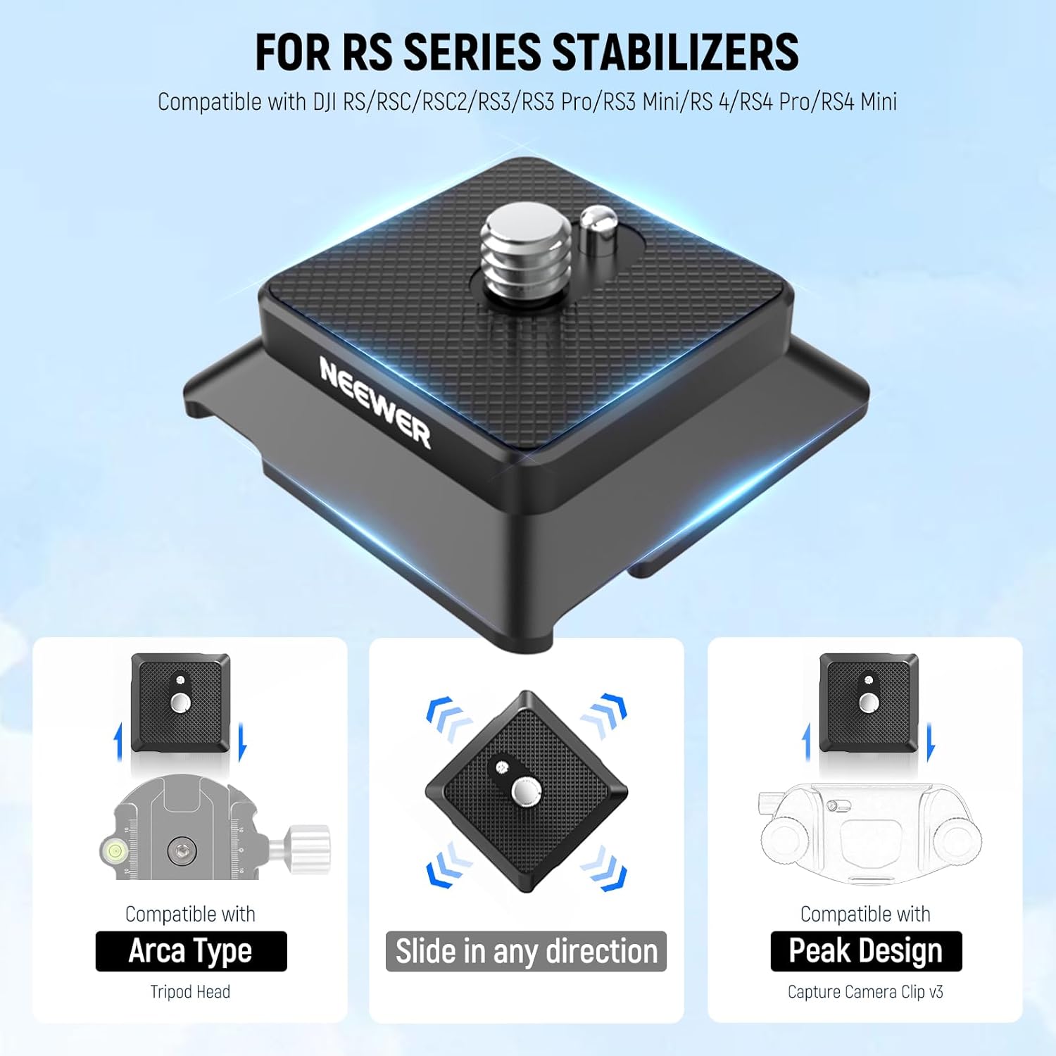 Thumbnail 1 de NEEWER Piastra a sgancio rapido tipo Arca con vite 1/4" (UA078) per DJI RS e accessori