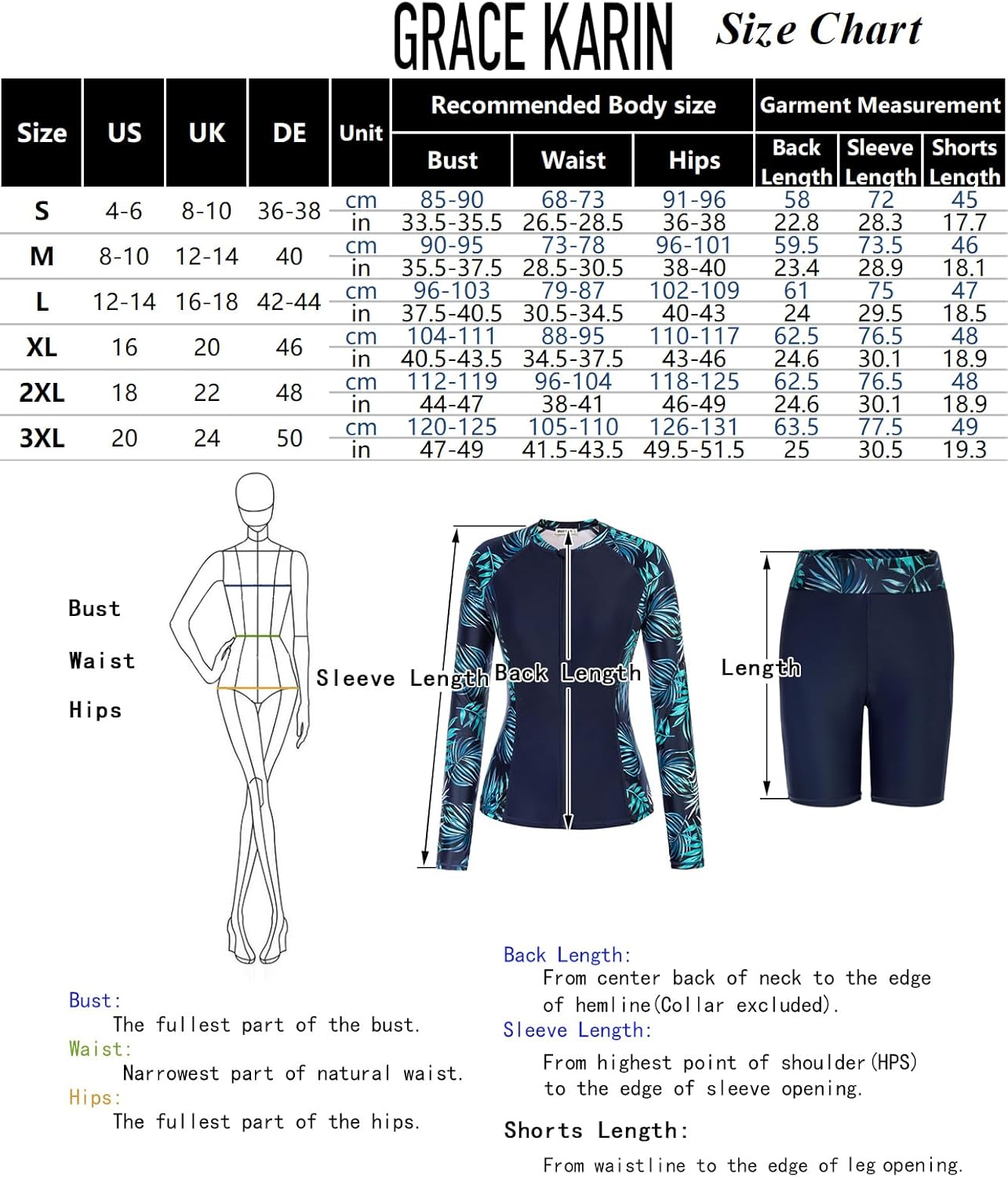 Thumbnail 4 de GRACE KARIN Rashguard Maillot de Bain 3 pièces à Manches Longues pour Femme avec Fermeture éclair – Ensemble Tankini élégant