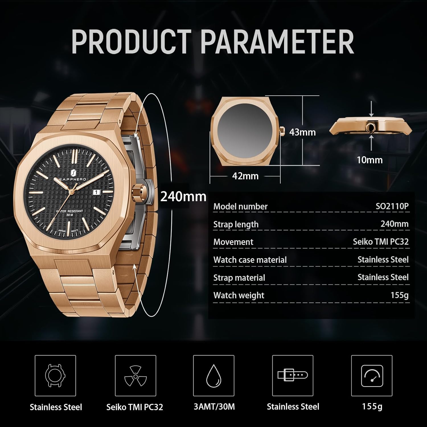 Thumbnail 5 de SAPPHERO Herrenuhr Quarzwerk Edelstahl – 42 mm, 50 m Wasserdicht, Datum