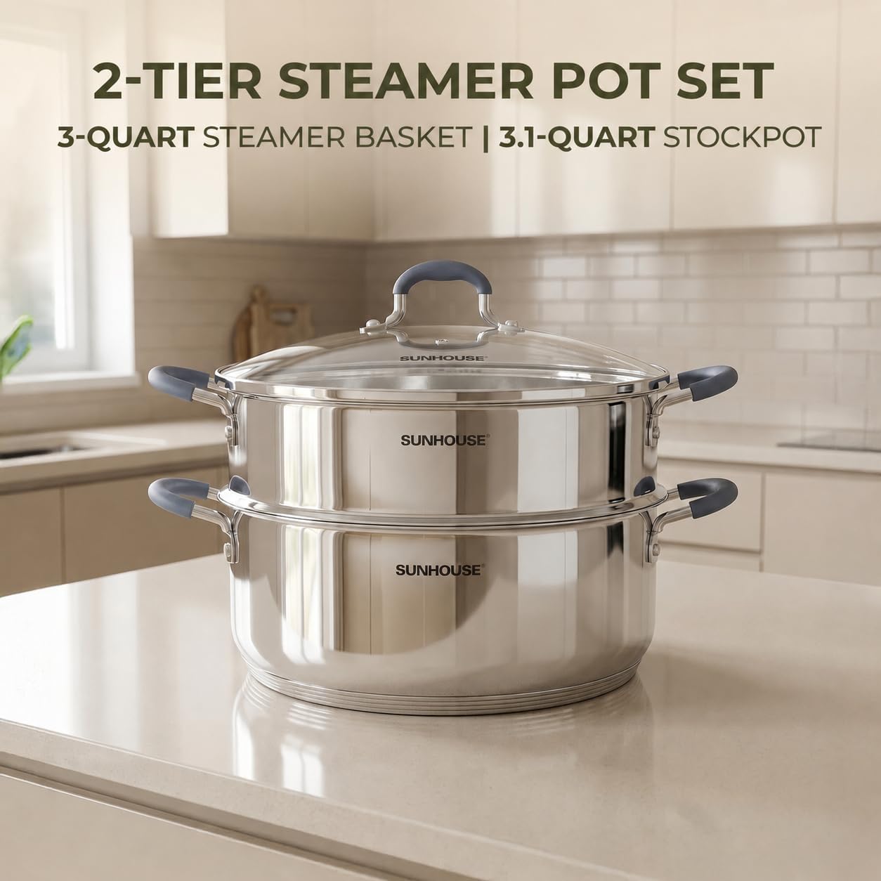 Detalle 2 de SUNHOUSE 3.1 Qt Stainless Steel Steamer Pot with 2-Tier Basket and Glass Lid