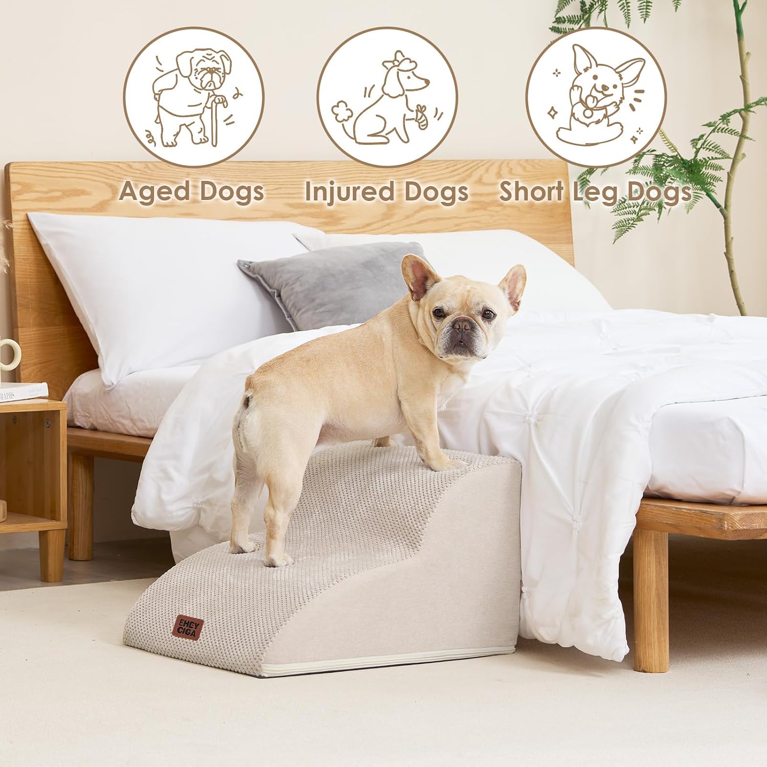 Detalle de EHEYCIGA Hundetreppe für kleine Hunde (2 Stufen, 30 cm hoch) mit waschbarem Bezug in Beige