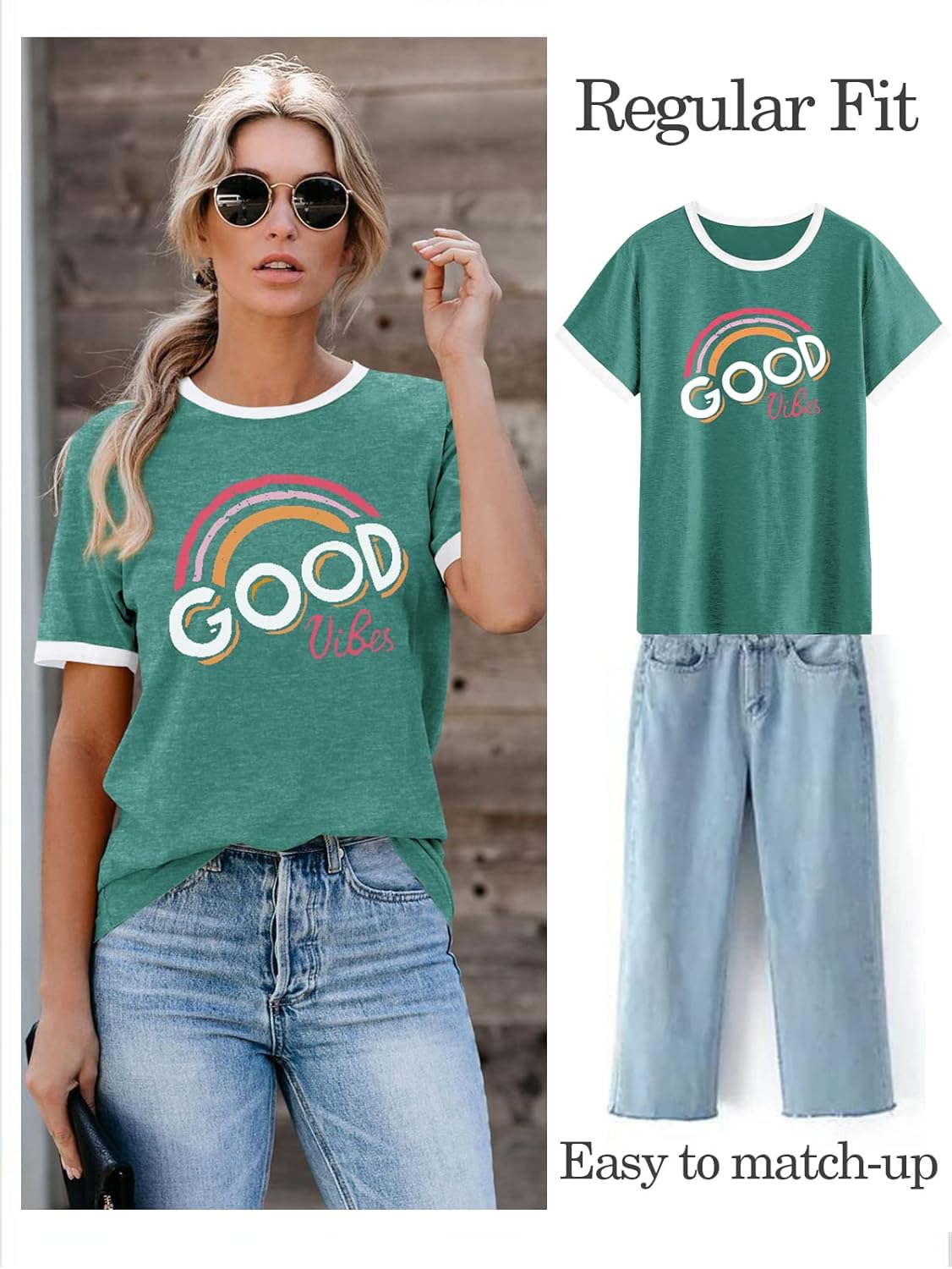Thumbnail 1 de WIEIYM Damen-T-Shirt Rundhals Kurzarm | Good Vibes Rainbow— casual Sommerlook