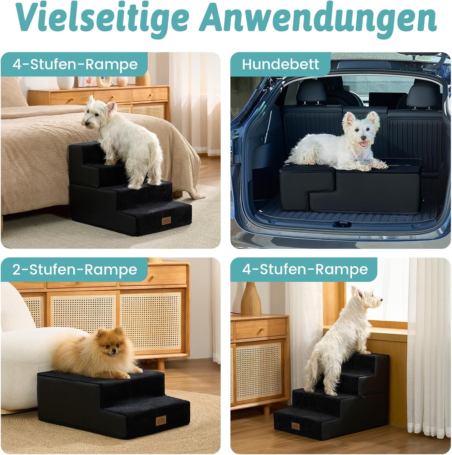 Detalle de Hundetreppe 4 Stufen 45 cm Hoch – 2-in-1 Rampe für Hunde & Katzen, faltbar, 40x60x45 cm, Schwarz