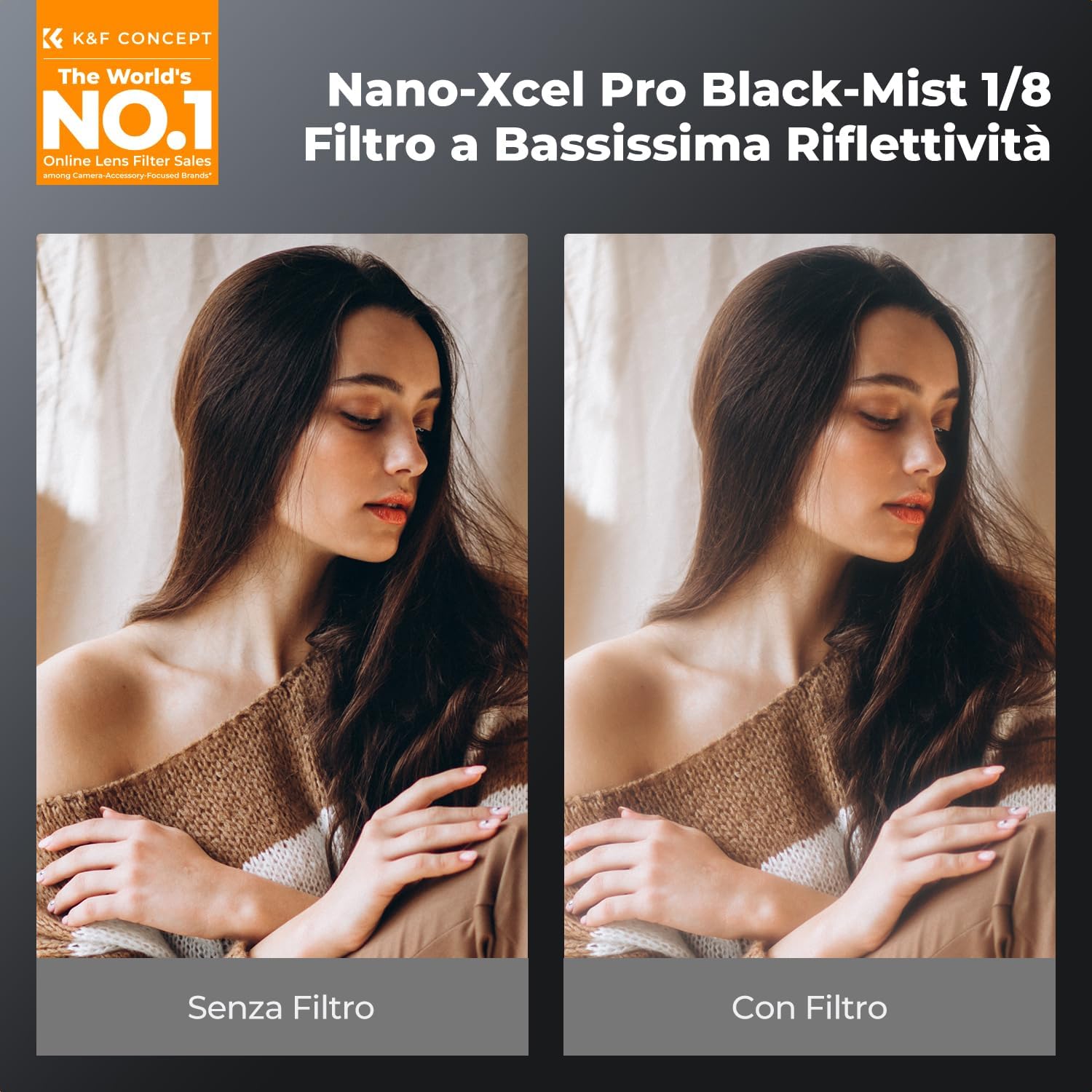 Thumbnail 1 de K&F CONCEPT Nano-Xcel Pro 77mm Black-Mist 1/8: filtro cinematografico ultra-basso riflessi per ritratti e video