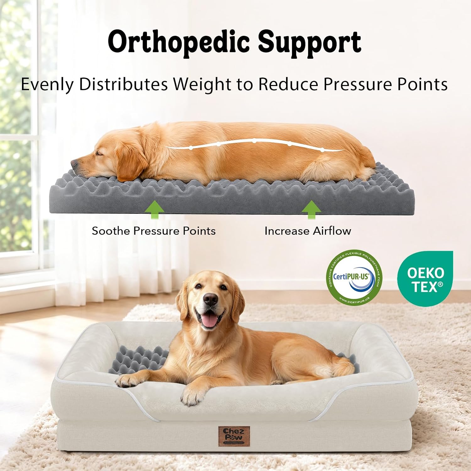 Detalle de Chez Paw XXL Orthopedic Dog Bed, Egg-Crate Foam, Bolster, Waterproof Liner