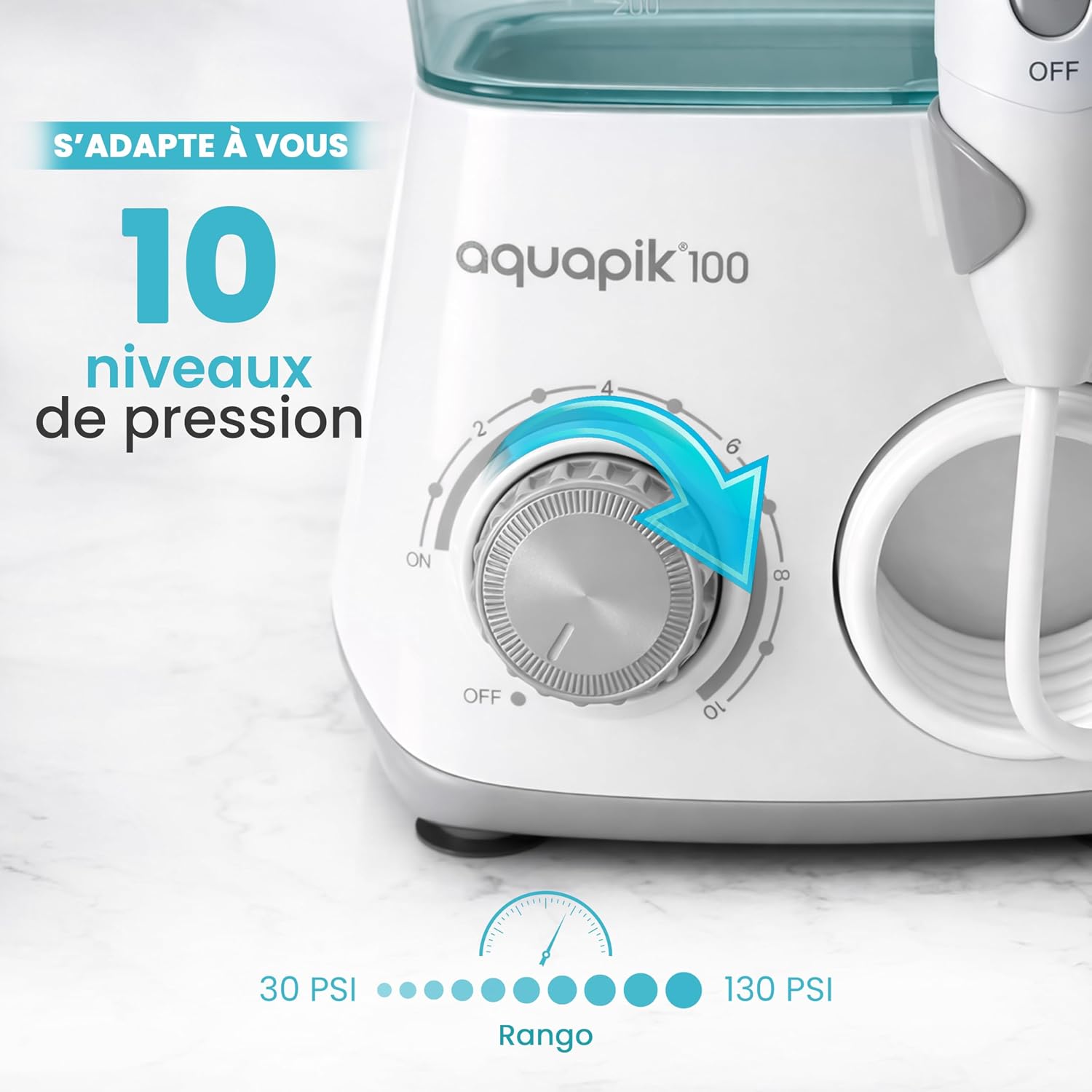 Detalle de Aquapik Hydropulseur – Water Flosser avec 8 embouts et 10 niveaux de pression