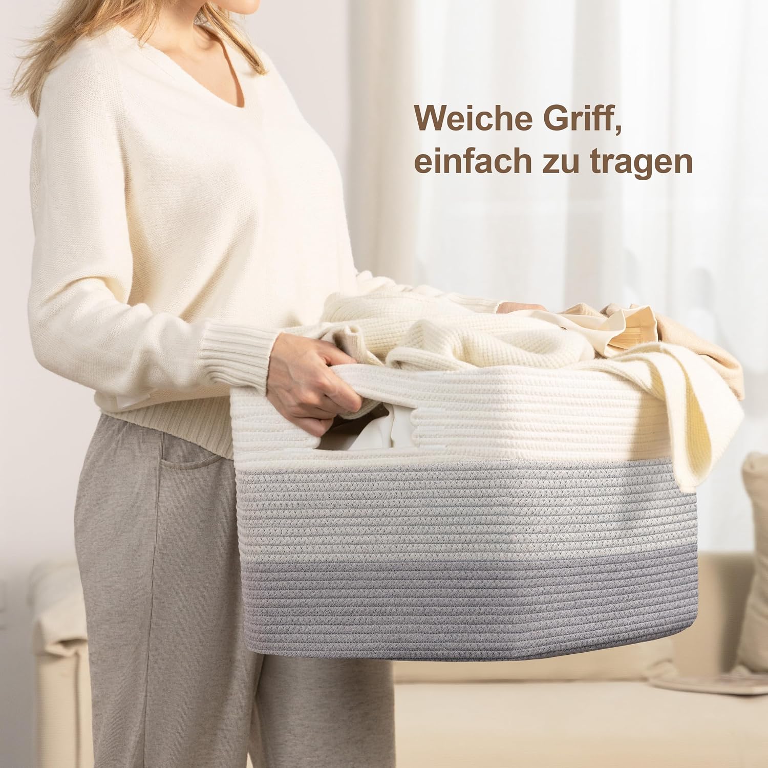 Detalle de 60L Aufbewahrungskorb Klein aus Baumwollseil (Geflochten) mit Griffen – grau meliert für Kinderzimmer, Wäsche & mehr
