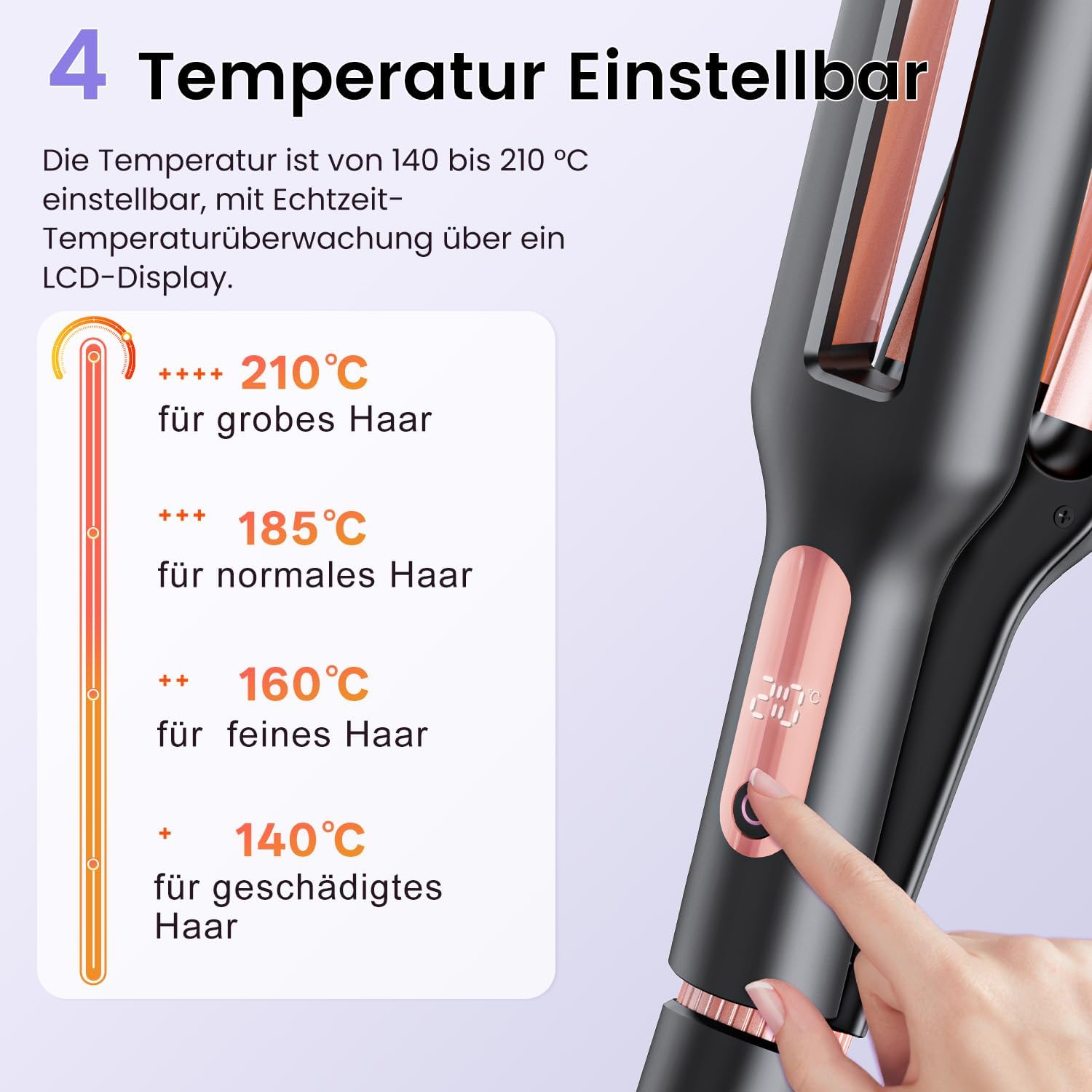Detalle de 22/25/32/38 mm einstellbares Welleneisen für Haare (4-in-1) – Beach Waves & Mermaid-Waves Lockenstab in Roségold