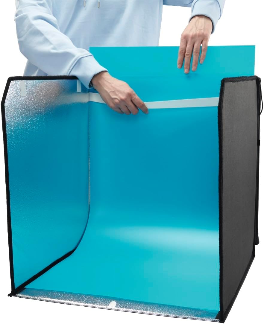 Detalle de Hama Fotobox 50x50 cm (mobiles Mini-Fotostudio) mit LED-Ringlicht, faltbar, für Produktfotografie & Greenscreen – weiß