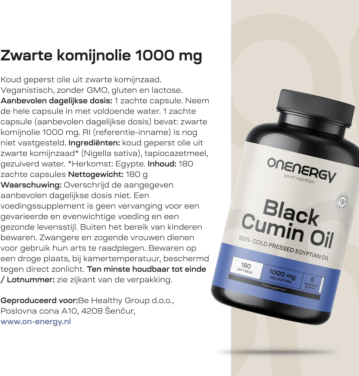 Detalle 2 de ONENERGY zwarte komijnolie 1000 mg, koudgeperst, 180 zachte capsules