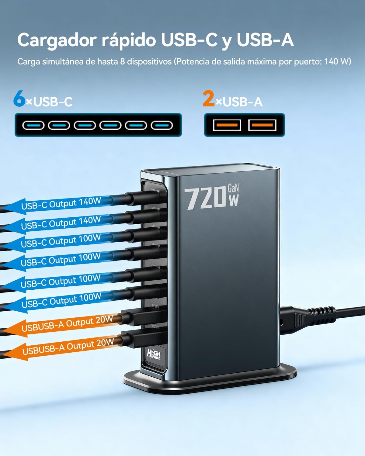 Detalle de Rocoren 720W estación de carga 8 puertos ⚡