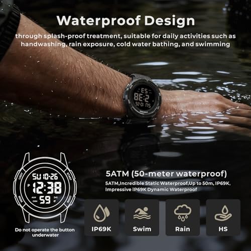 Detalle de PINDOWS Herren Digitaluhr – Militär, Outdoor & Sport, 50 m Wasserdicht