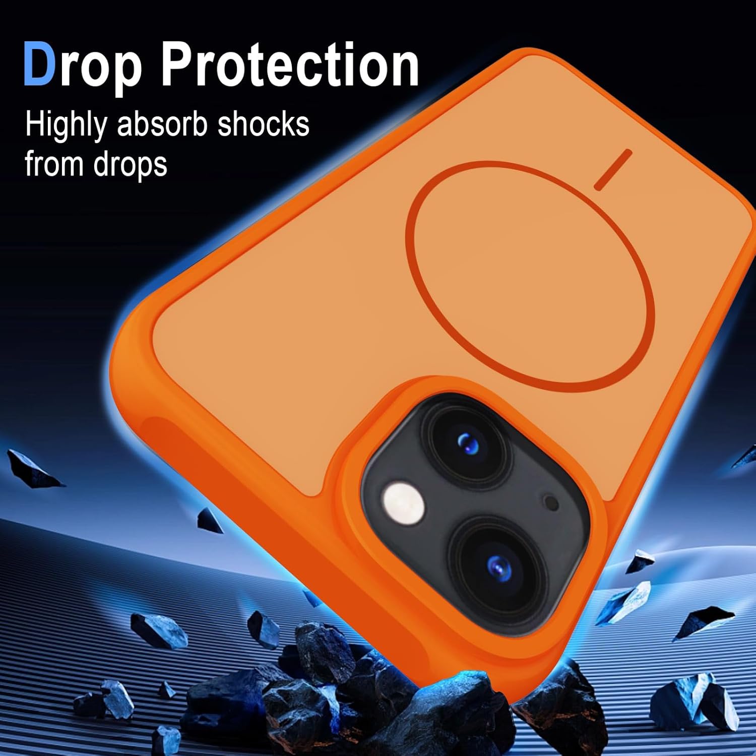 Detalle de XTCASE Coque Magnétique pour iPhone 13 — Dos translucide orange, bord TPU antichoc et bumper en aluminium