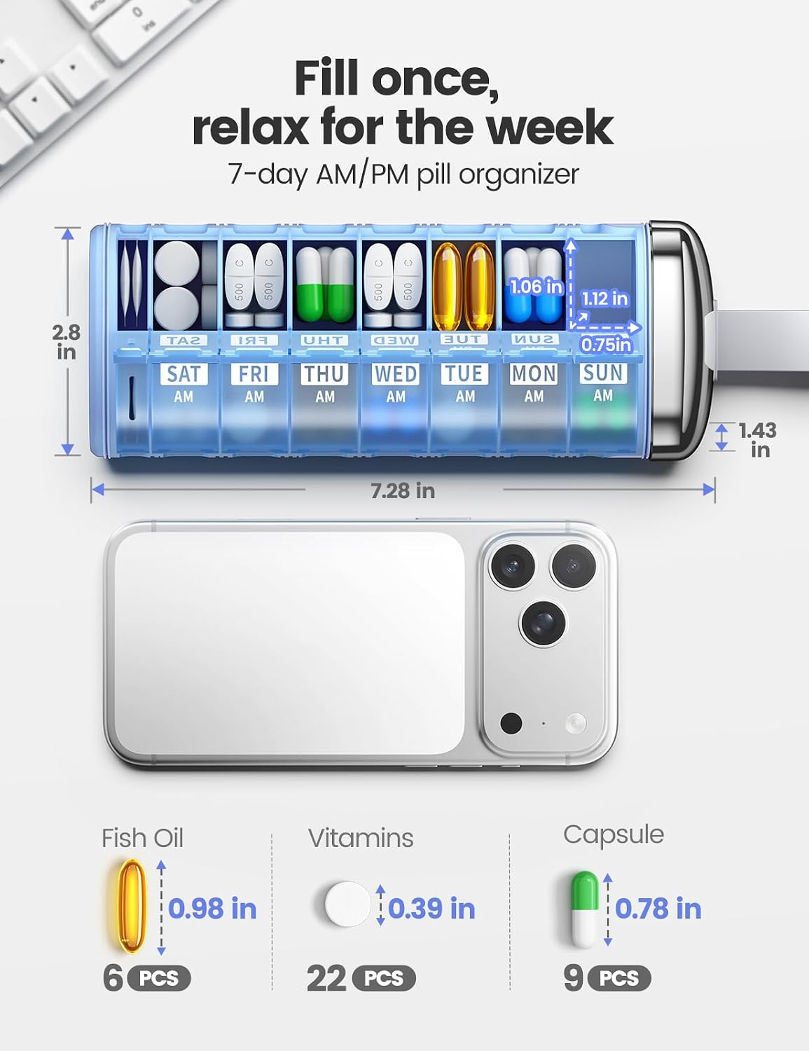 Detalle 2 de Vaydeer 7-Day AM/PM Metal Pill Organizer with Desiccant and Carry Handle