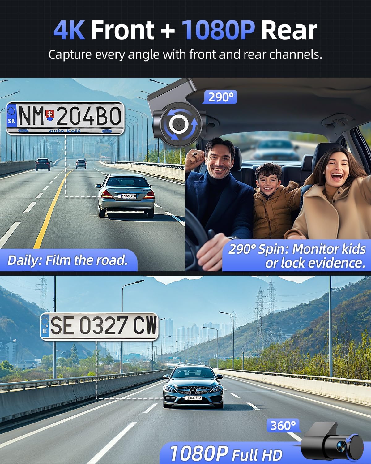 Thumbnail 1 de CIEVIE Dash Cam Front and Rear (4K) – 64GB, 1.5" IPS Display, 5GHz Wi‑Fi, 24/7 Parking, G‑Sensor
