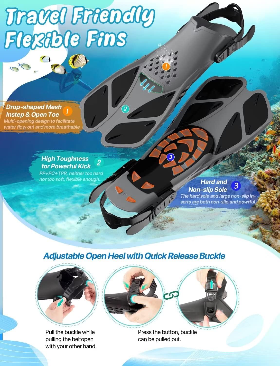 Detalle de Zenoplige Mask Fins Snorkel Set: Panoramic Mask, Dry-Top Snorkel & Adjustable Fins