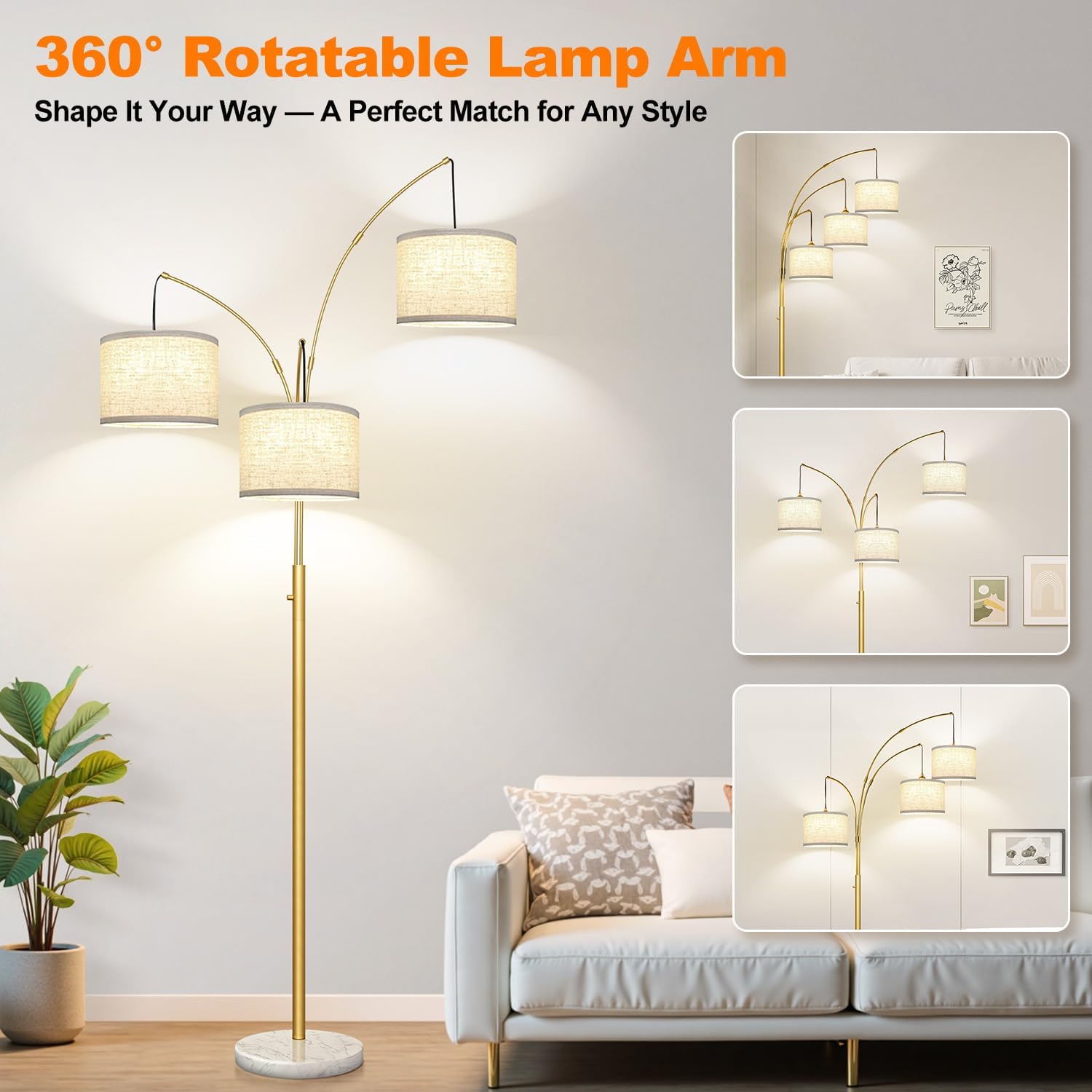 Detalle de Nintiue Dimmable Arc Floor Lamp, 3 Lights, Marble Base, Gold Finish