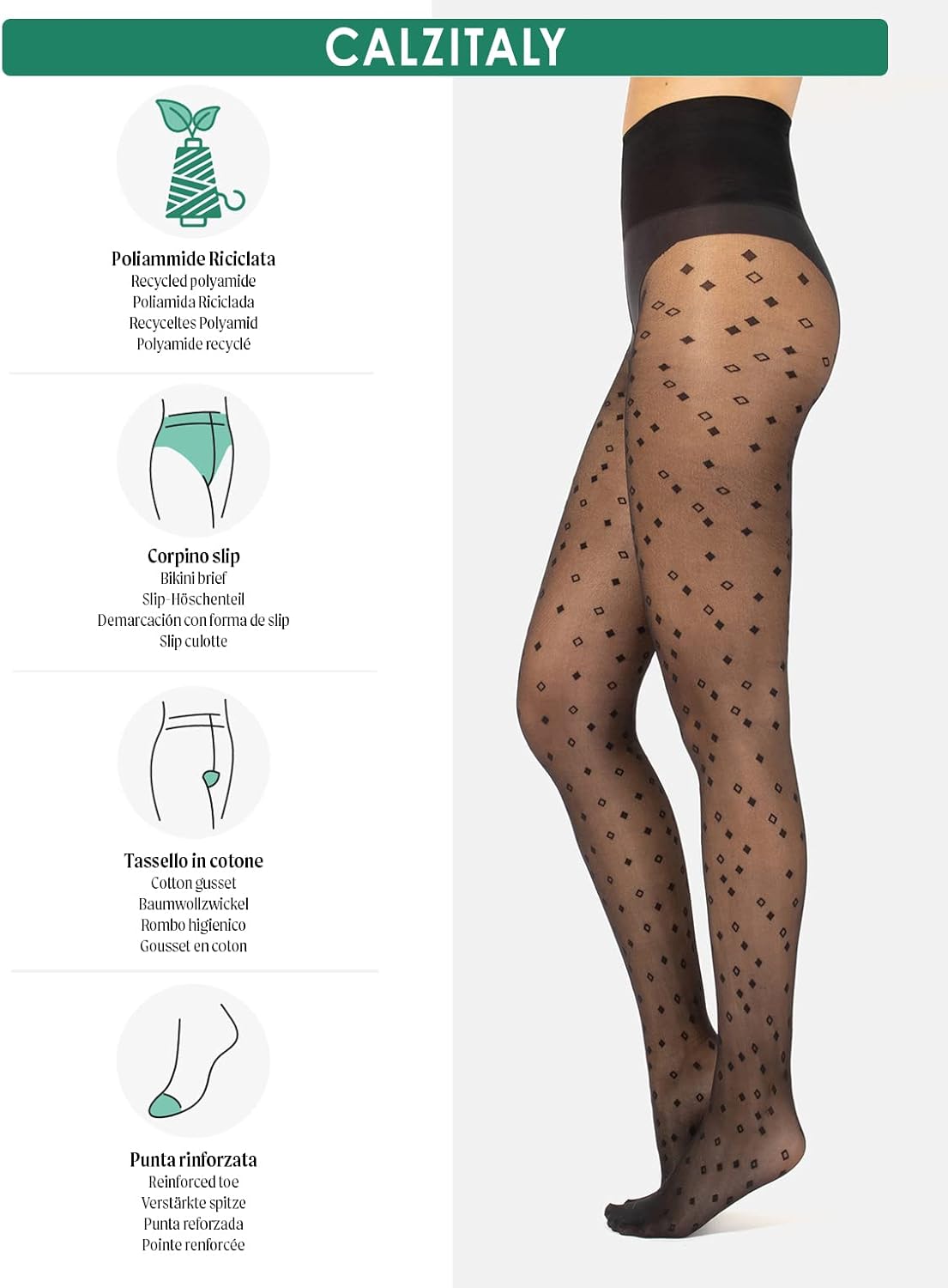 Detalle 2 de CALZITALY Collants Voile – Motif Floral Recyclé 20DEN Noir, S/M à L/XL