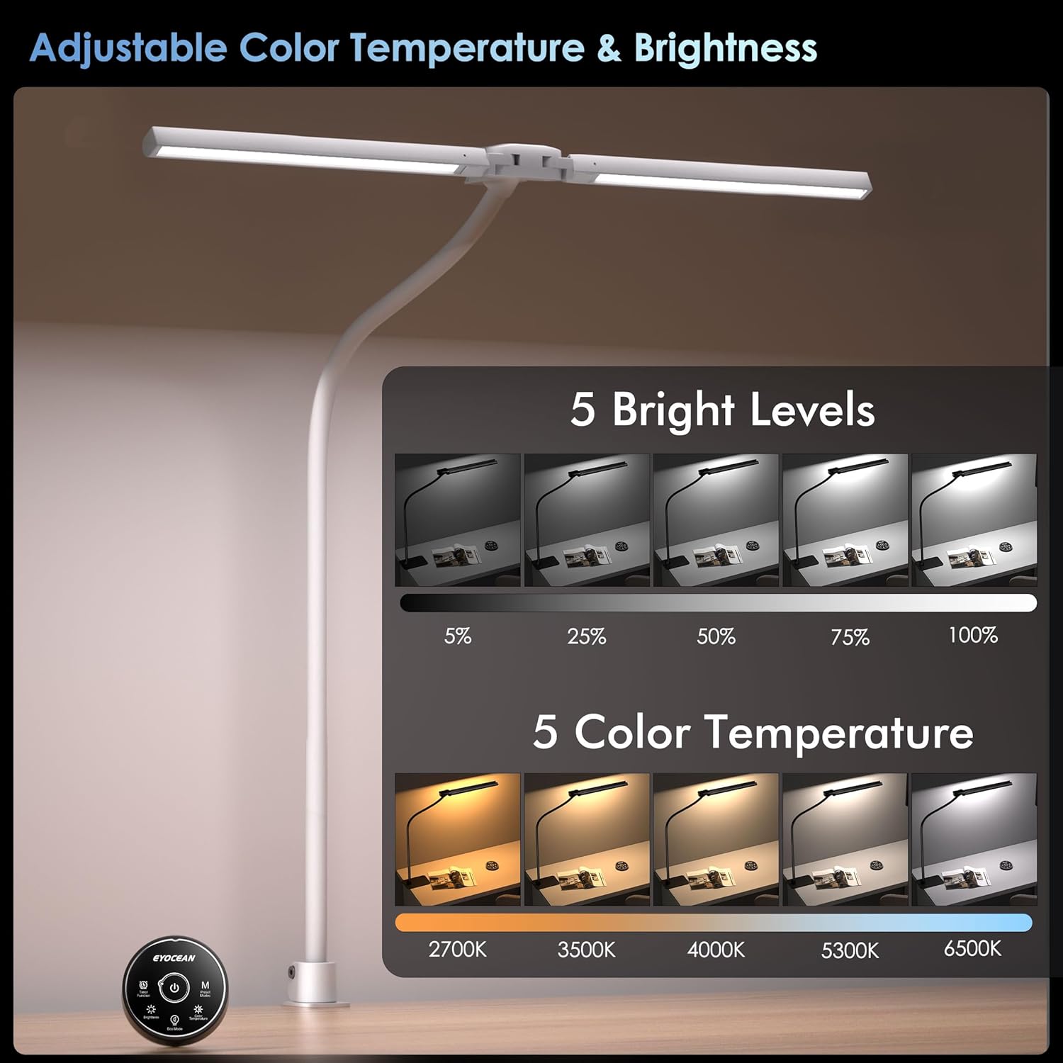 Thumbnail 4 de EYOCEAN Schreibtischlampe mit Doppelkopf Design – dimmbar, 72 cm Lichtquelle, Fernbedienung und Klemme